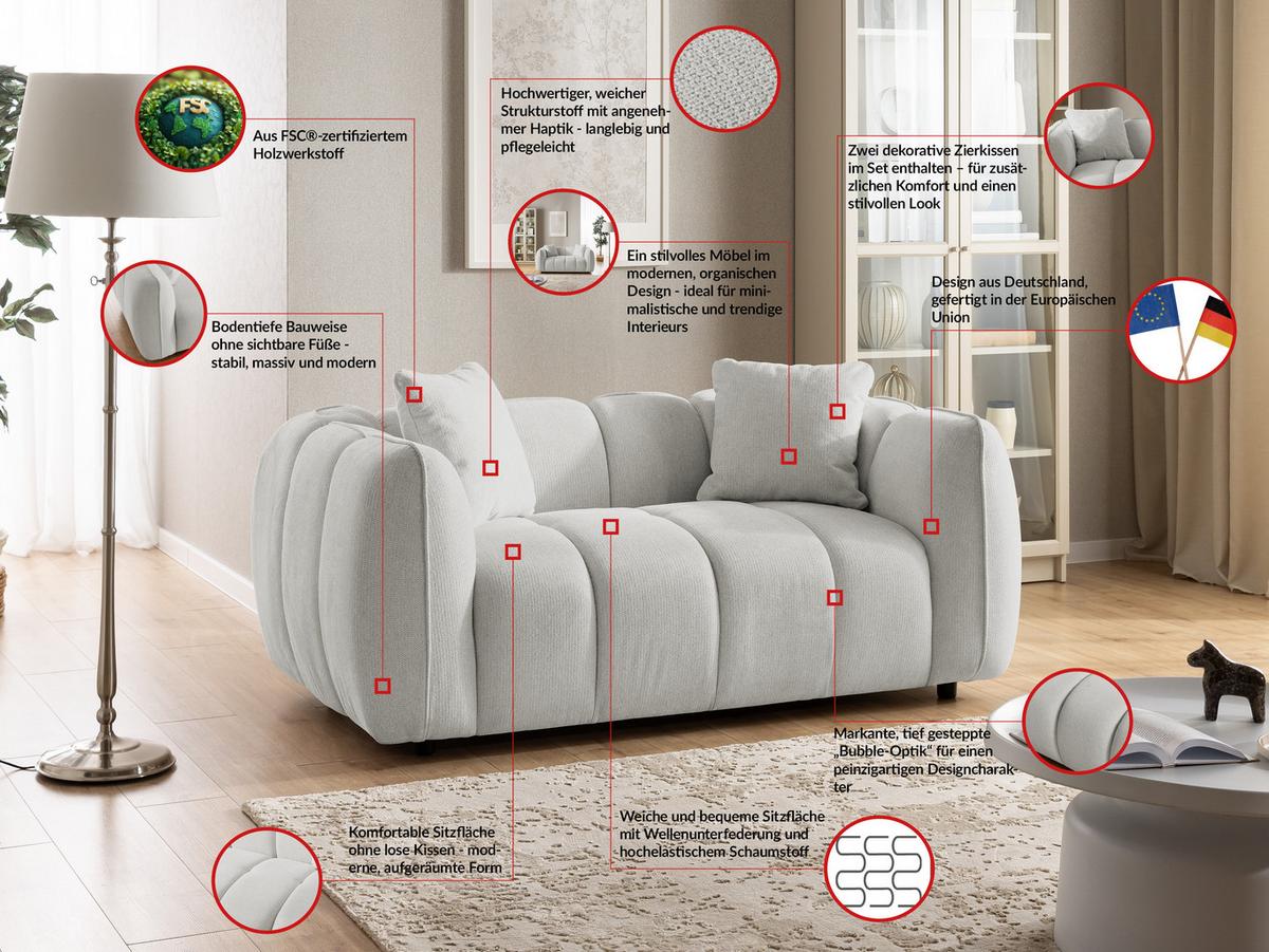 2-SITZER SOFA Nubira in tief gesteppter Bubble-Optik aus weichem Hellgrau Strukturstoff im modernen Design - Hellgrau/Schwarz, Holz/Kunststoff (172/69/89cm) - S-Style Möbel
