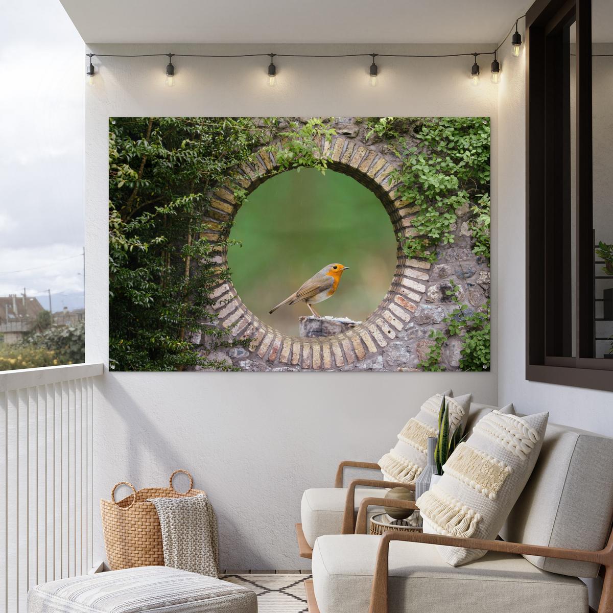 GARTENPOSTER Vogel - Durchblick - Rotkehlchen Poster für draußen 180x120 cm - Grün, Kunststoff (180/120/0.2cm) - OnlyWow
