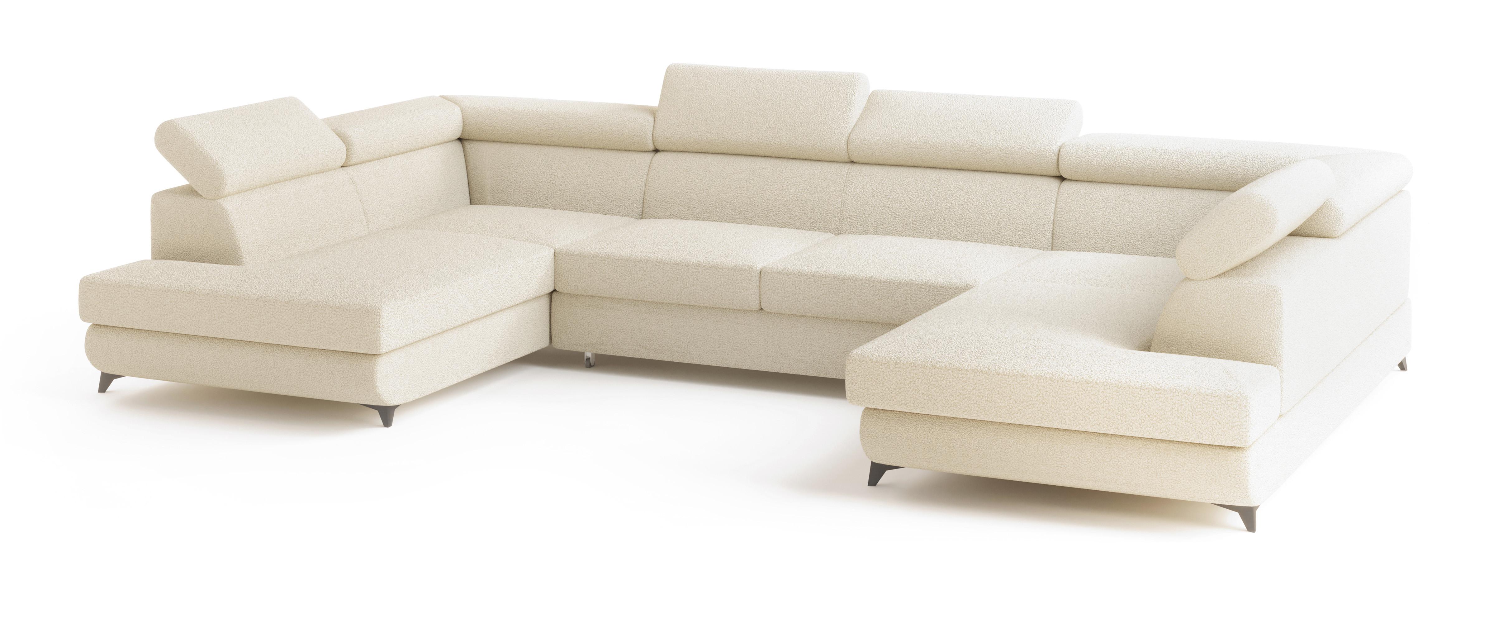 WOHNLANDSCHAFT VINTESSA Creme Boucle-Stoff mit Schlaffunktion - Creme, Holz (323/89/190cm) - MASSENO