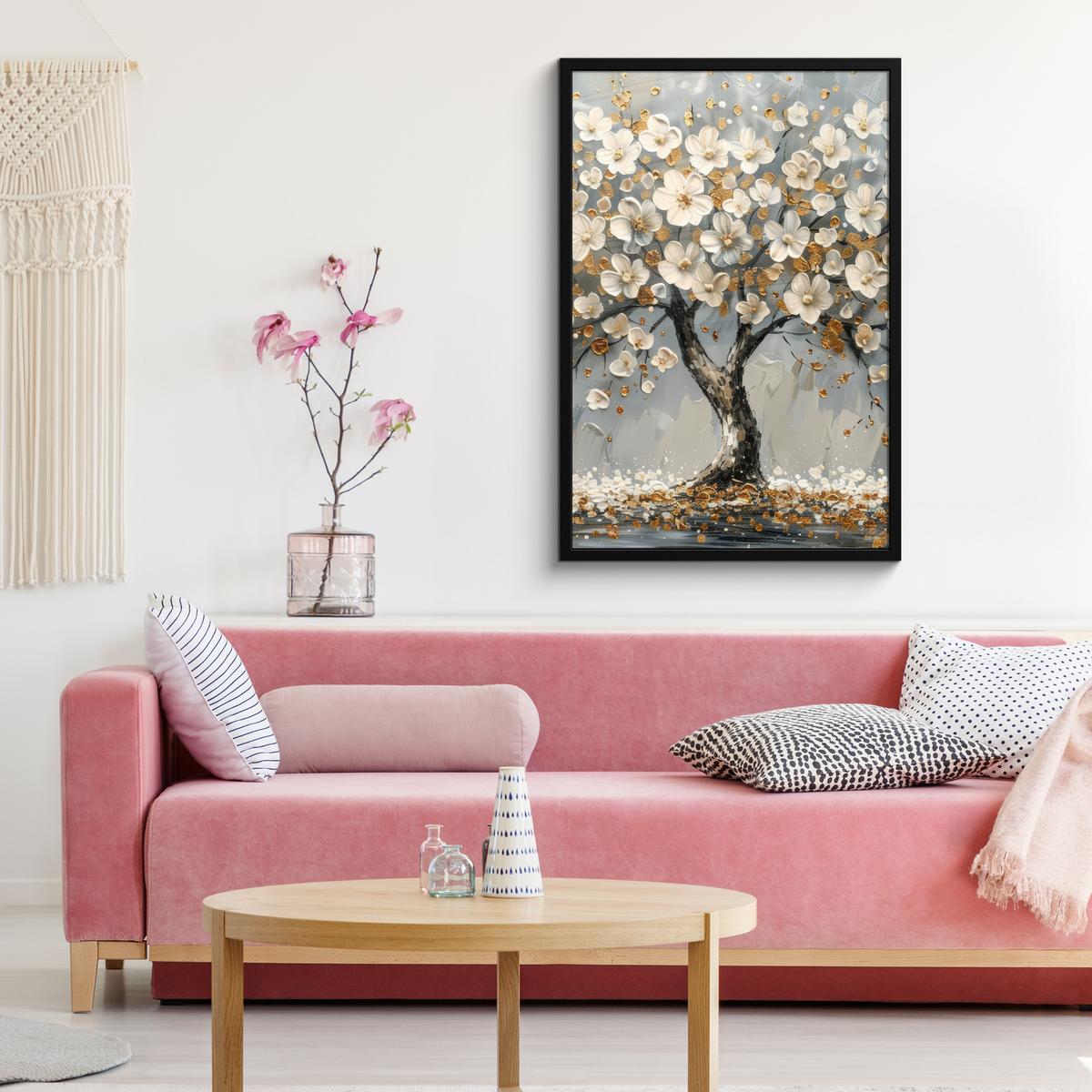 POSTER MIT RAHMENGERAHMTES BILD Baum - Blumen - Weiß - Natur - Kunst 60x90 cm - Weiß, Papier (60/90cm) - MuchoWow