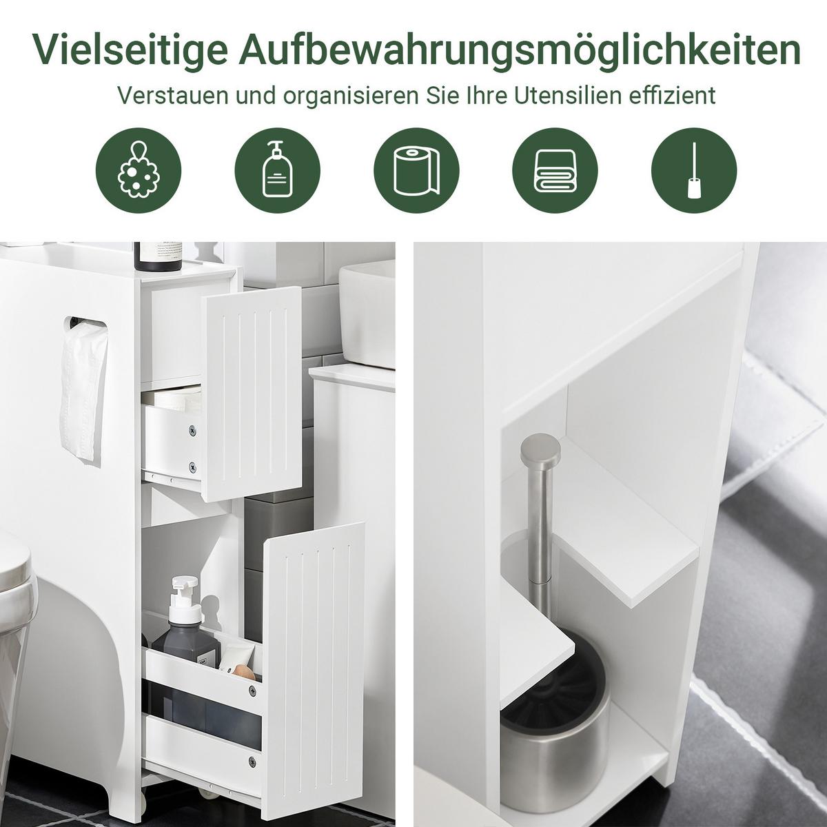 NISCHENREGAL mit Rollen, Weiß, 20 cm breit, 2 Schubladen und offenes Fach, auf Rollen, für schmale Lücken in Bad und Waschküche - Weiß, Holzwerkstoff (20/75/60cm) - SoBuy