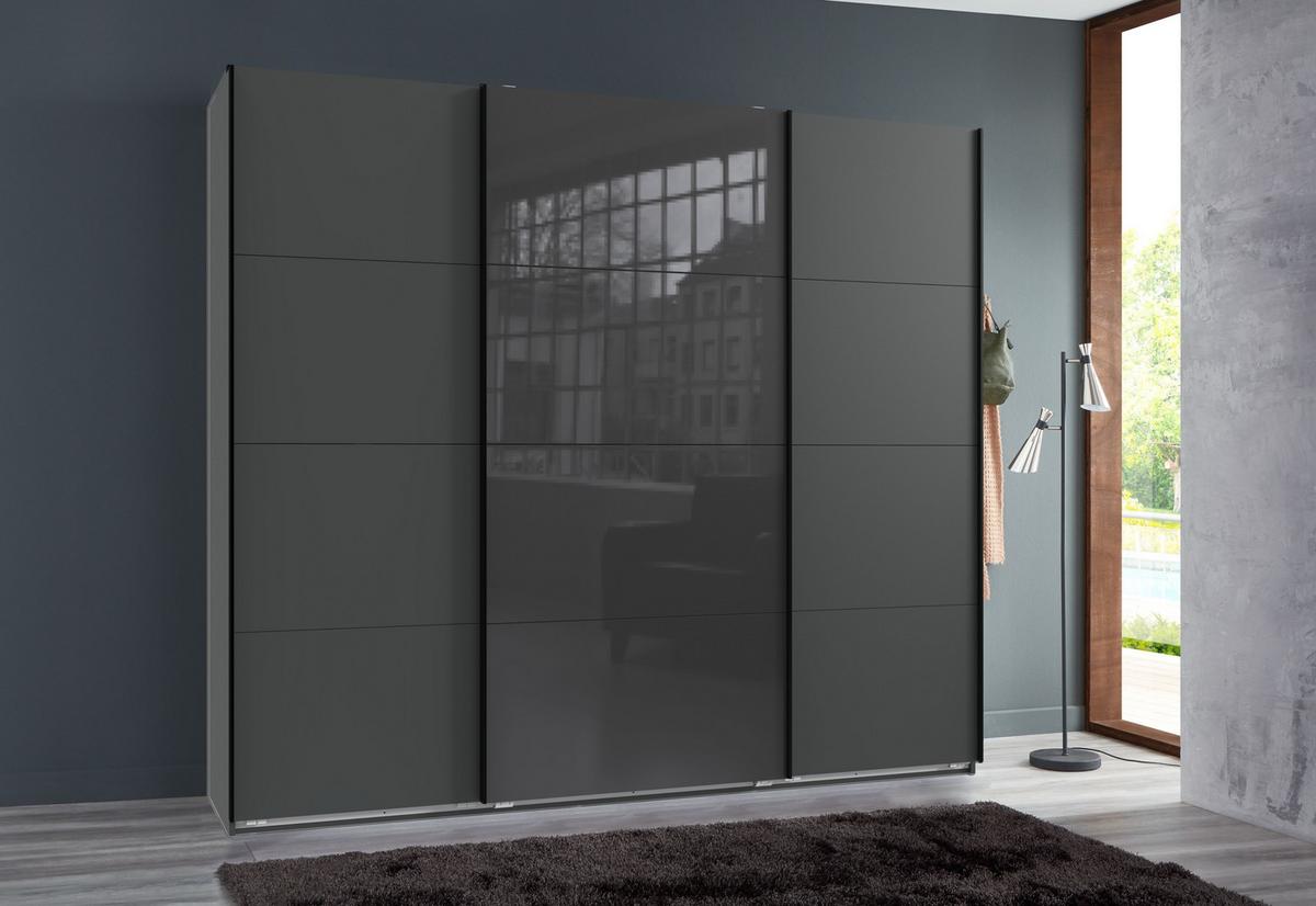 SCHWEBETÜRENSCHRANK 3-türig B225/H208/T64 cm in Grafit, Kleiderschrank mit einer Glasfront-Tür in Grau, / 22523 - Edelstahlfarben/Graphitfarben, Holzwerkstoff/Metall (225/208/64cm) - luma-home