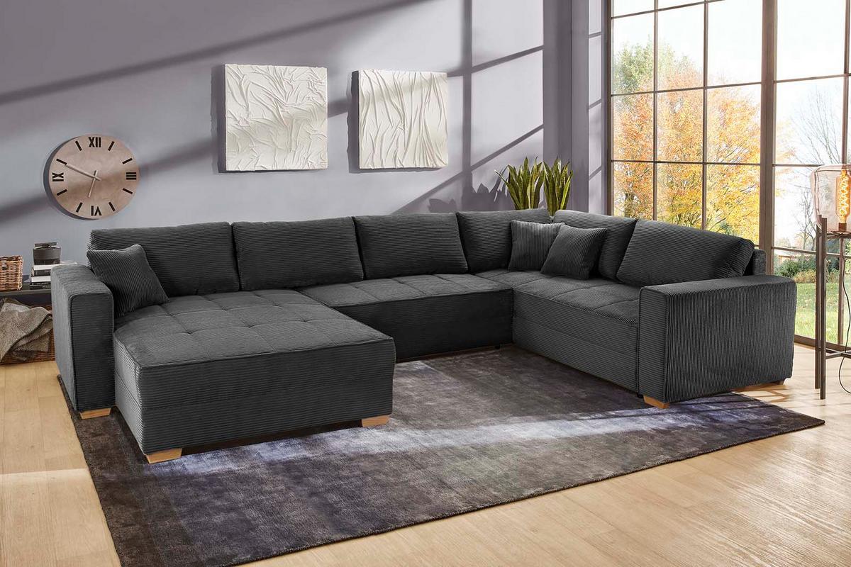 WOHNLANDSCHAFT Schlaffunktion Bettkasten Wellenunterfederung, spiegelverkehrt montierbar U-Form B379/T227/H86 cm, Cord Dunkelgrau / 15198 - Dunkelgrau/Eichefarben, Holz/Textil (379/86/227cm) - luma-home