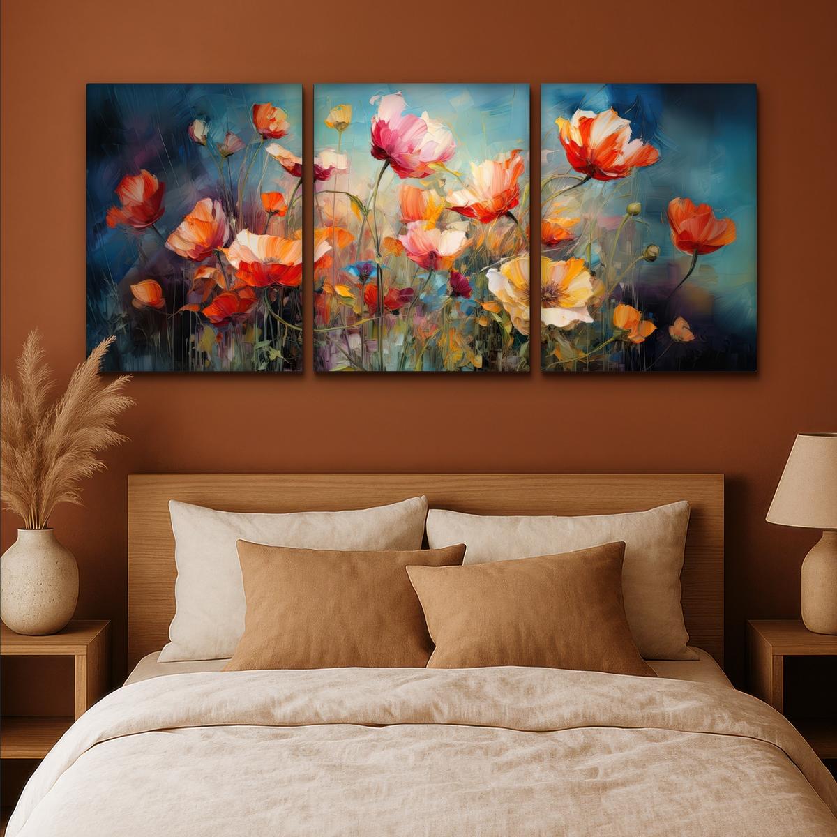 LEINWANDBILD 3er Set Blumen - Bunt - Abstrakt 180x80 cm - Blaugrau, Textil (180/80cm) - MuchoWow