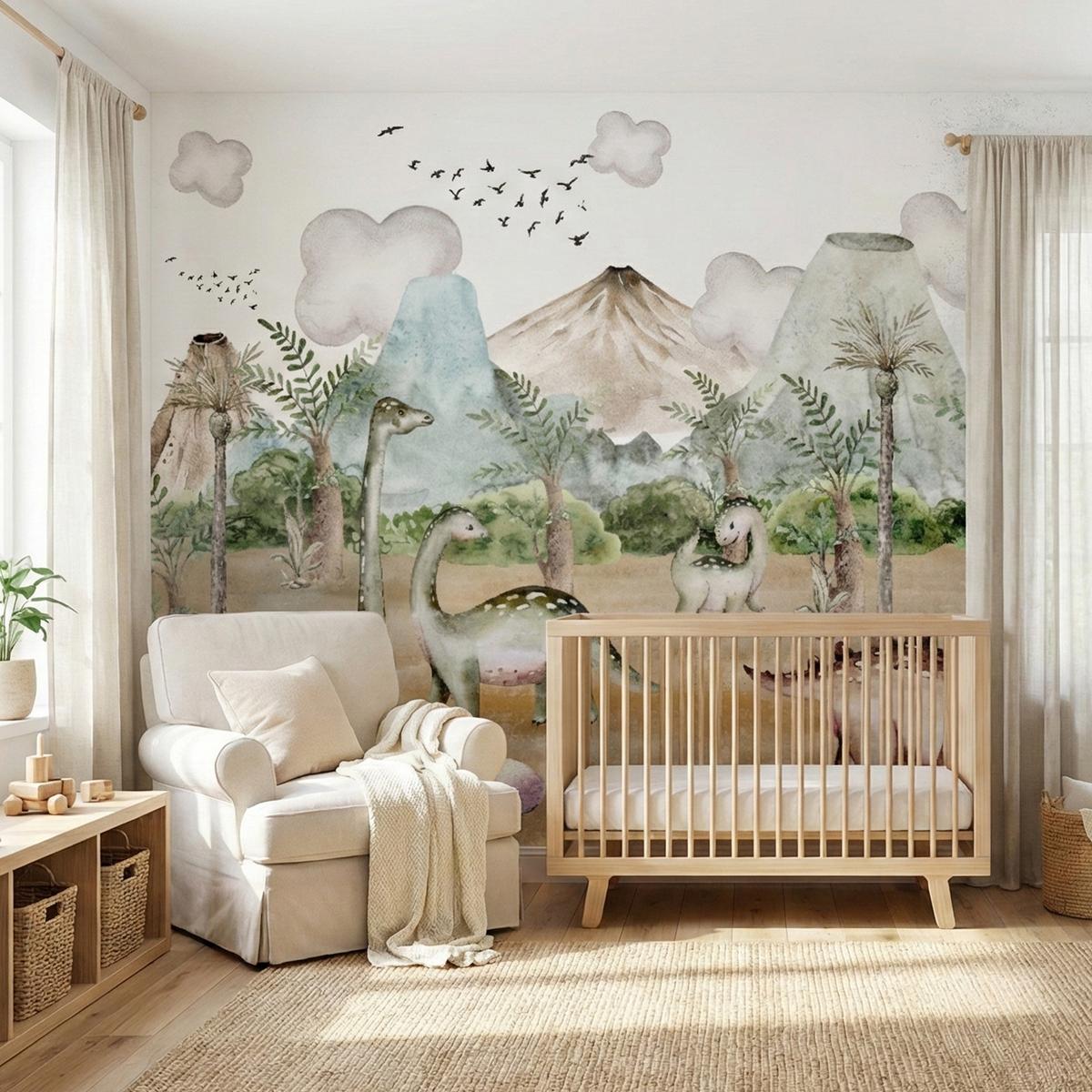 FOTOTAPETE für Kinderzimmer Dinosaurier Welt Vulkane Aquarell Tropische Bäume 300x210 - Blau/Beige, Papier (300/210cm) - Muralo