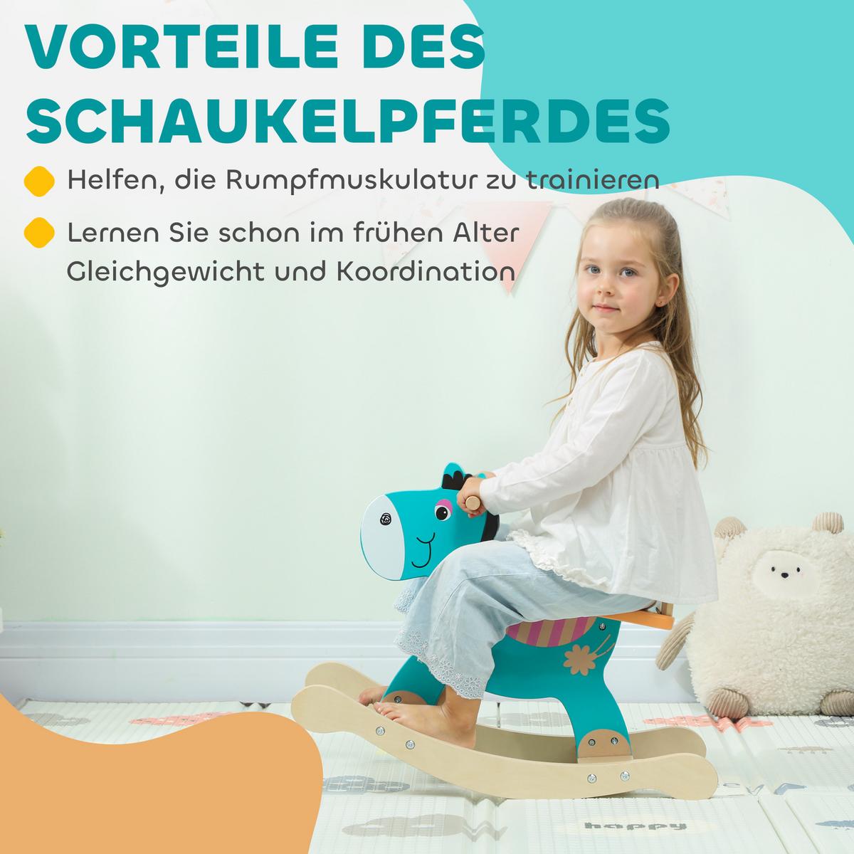 SCHAUKELPFERD Holz, Kinder Schaukeltier Esel mit Haltegriffen Schaukel Blaugrün - Dunkelgrün, Holzwerkstoff (27/44/59cm) - AIYAPLAY