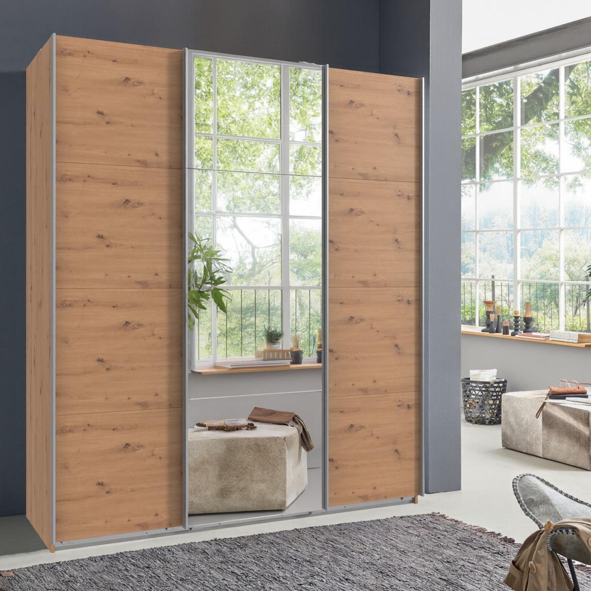 SCHWEBETÜRENSCHRANK 3-türig B180/H208/T64 cm in Eiche Artisan Dekor, Kleiderschrank mit einer Spiegeltür / 22513 - Eichefarben/Braun, Holzwerkstoff/Metall (180/208/64cm) - luma-home