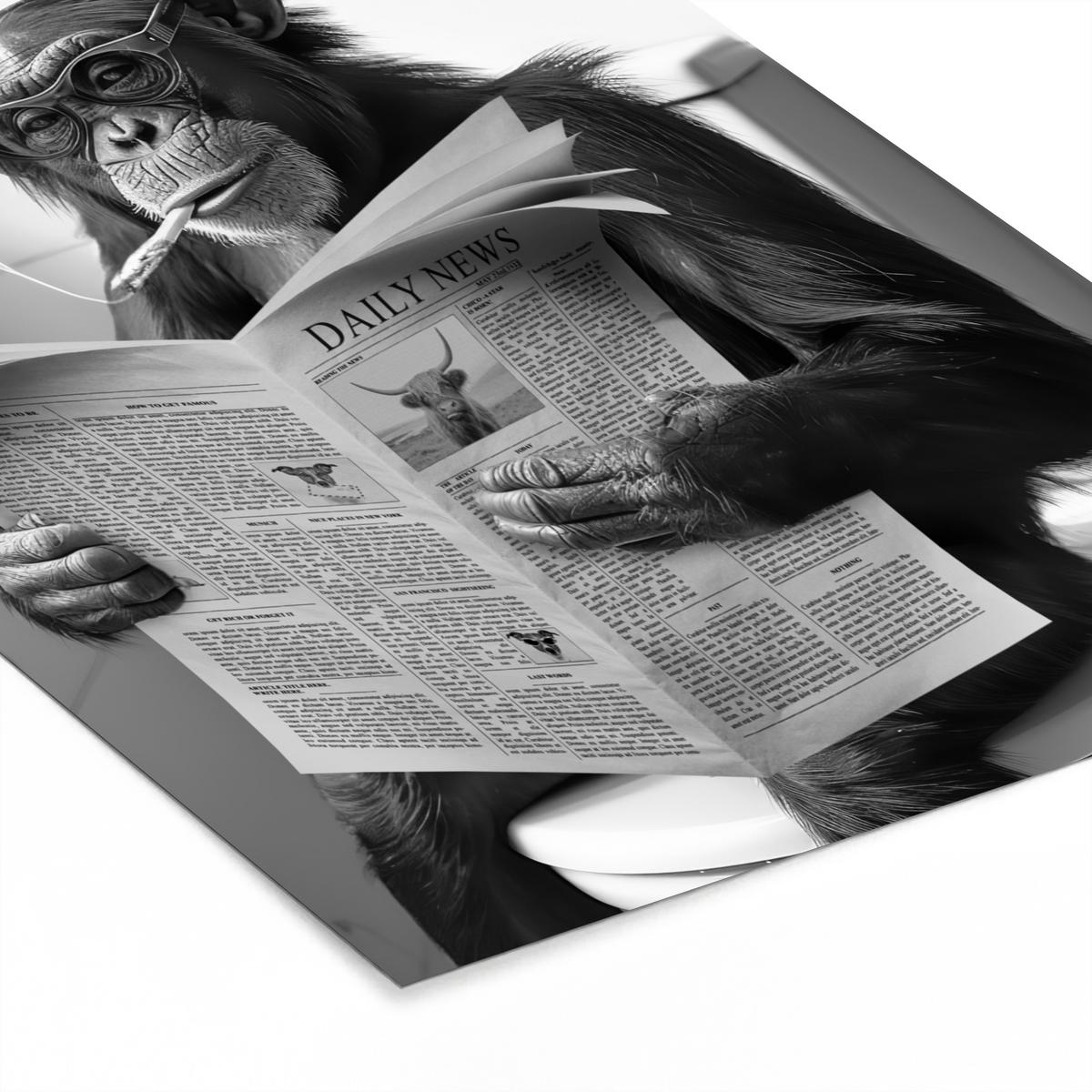 POSTER MIT RAHMEN Affe - WC - Zeitung - Schwarz-Weiß - Humor Bilderrahmen 30x40 cm - Hellgrau, Papier (30/40cm) - MuchoWow