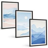 BILDER SET 3er Set - 40x60 cm Schwarzer Rahmen - Aquarell: Blau-rosa Berge - Schwarz, Kunststoff (40/60cm) - TULUP