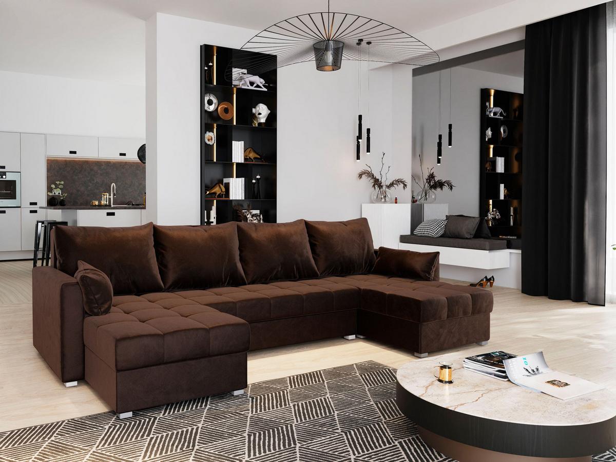 WOHNLANDSCHAFT NAKO Braun Plüsch-Stoff mit Schlaffunktion - Braun/Grau, Holz/Kunststoff (285/85/140cm) - MASSENO