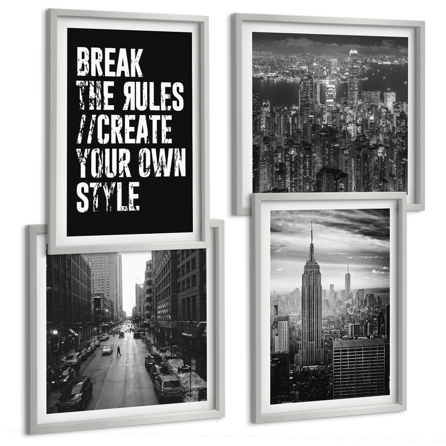 BILDER SET 4er Set - 50x50 cm & 40x60 cm Silberner Rahmen - Inspiration für Schwarz-Weiß-Darstellungen von Stadtstraßen - Silberfarben, Kunststoff (50/50cm) - TULUP