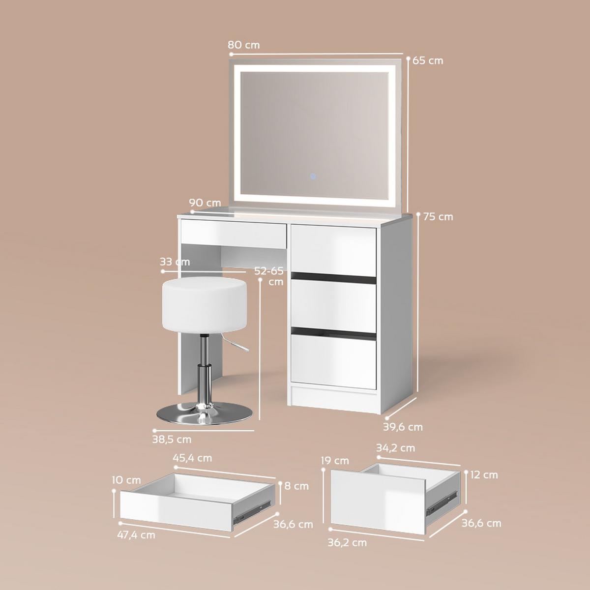 SCHMINKTISCH Imola Weiß mit LED-Spiegel und Hocker - Weiß, Holzwerkstoff (90/75/40cm) - Livinity®