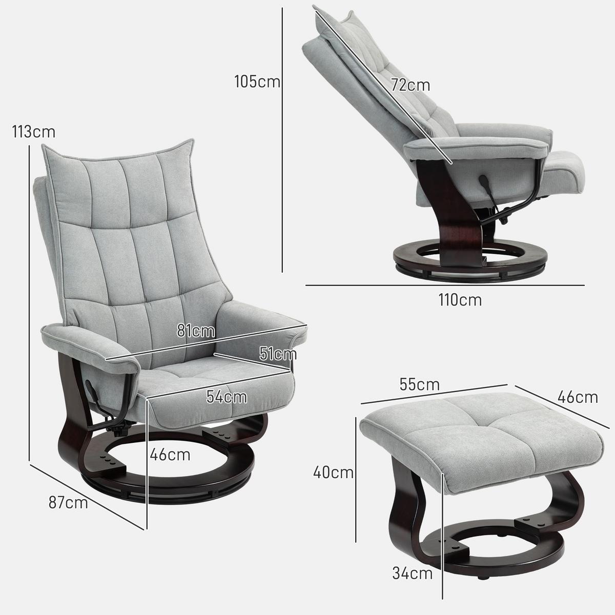 RELAXSESSEL mit Hocker, Drehbar Fernsehsessel mit Liegefunktion Samtoptik - Dunkelbraun/Grau, Holz/Textil (87/113/81cm) - HOMCOM