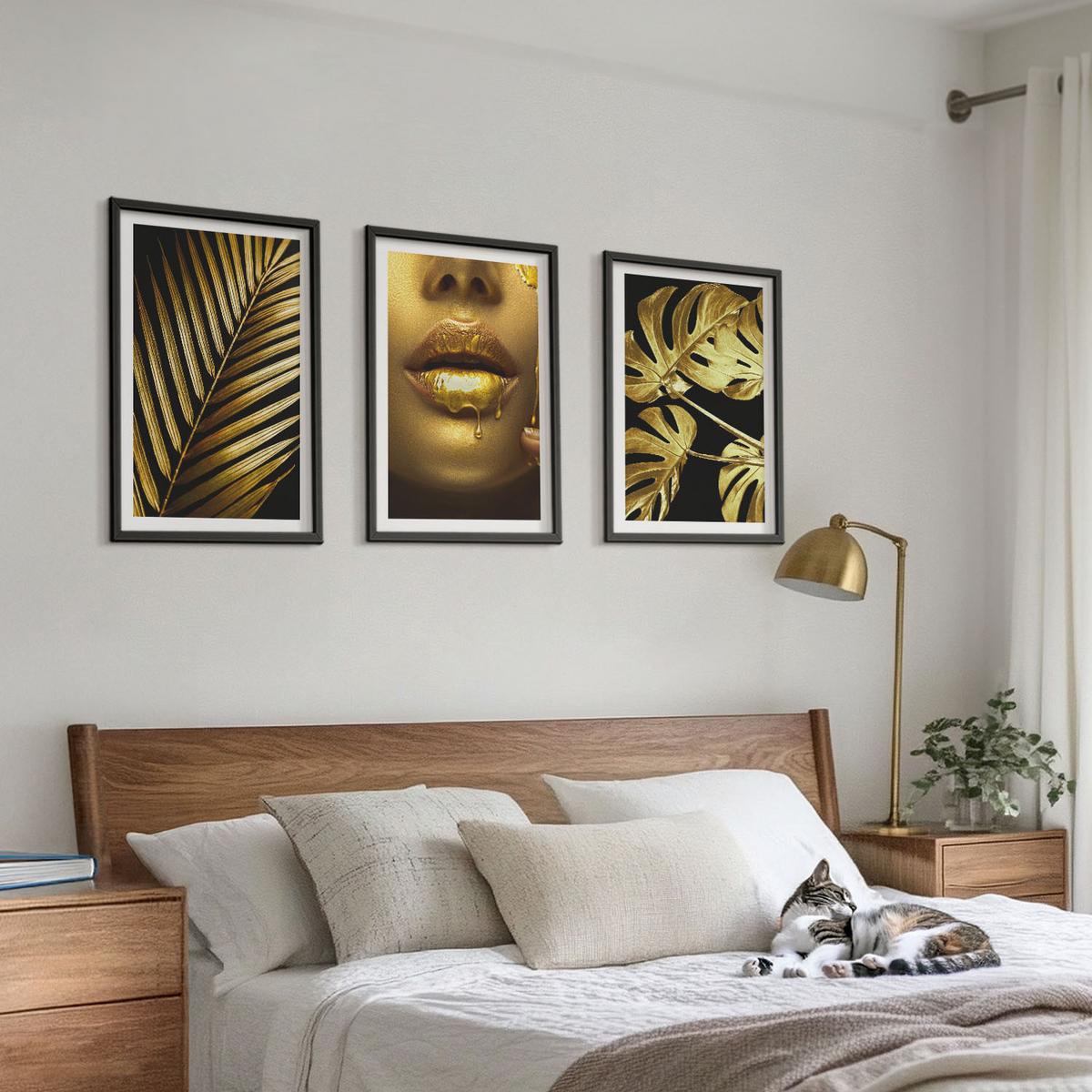 BILDER SET 3er Set - 40x60 cm Schwarzer Rahmen - Mund einer Frau mit Monstera-Palme - Schwarz, Kunststoff (40/60cm) - TULUP