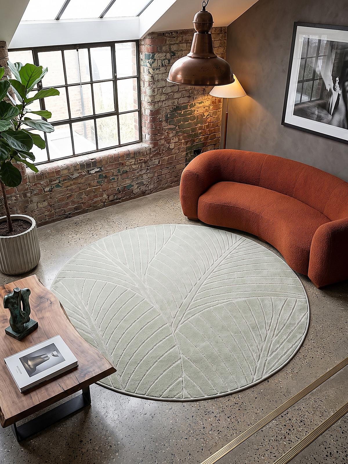 TEPPICH Outdoor, Fußbodenheizung-geeignet, mit Blattmotiv, ENGADIN in Salbeigrün, Ø 80 cm - Grün, Textil (80/80cm) - KADIMA DESIGN
