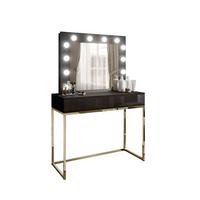 SCHMINKTISCH BLANCO mit Spiegel und Beleuchtung Gold Chrom Schwarz Hochglanz PUSH OPEN - Schwarz Hochglanz/Goldfarben, Holzwerkstoff (100/146/42cm) - Lookway