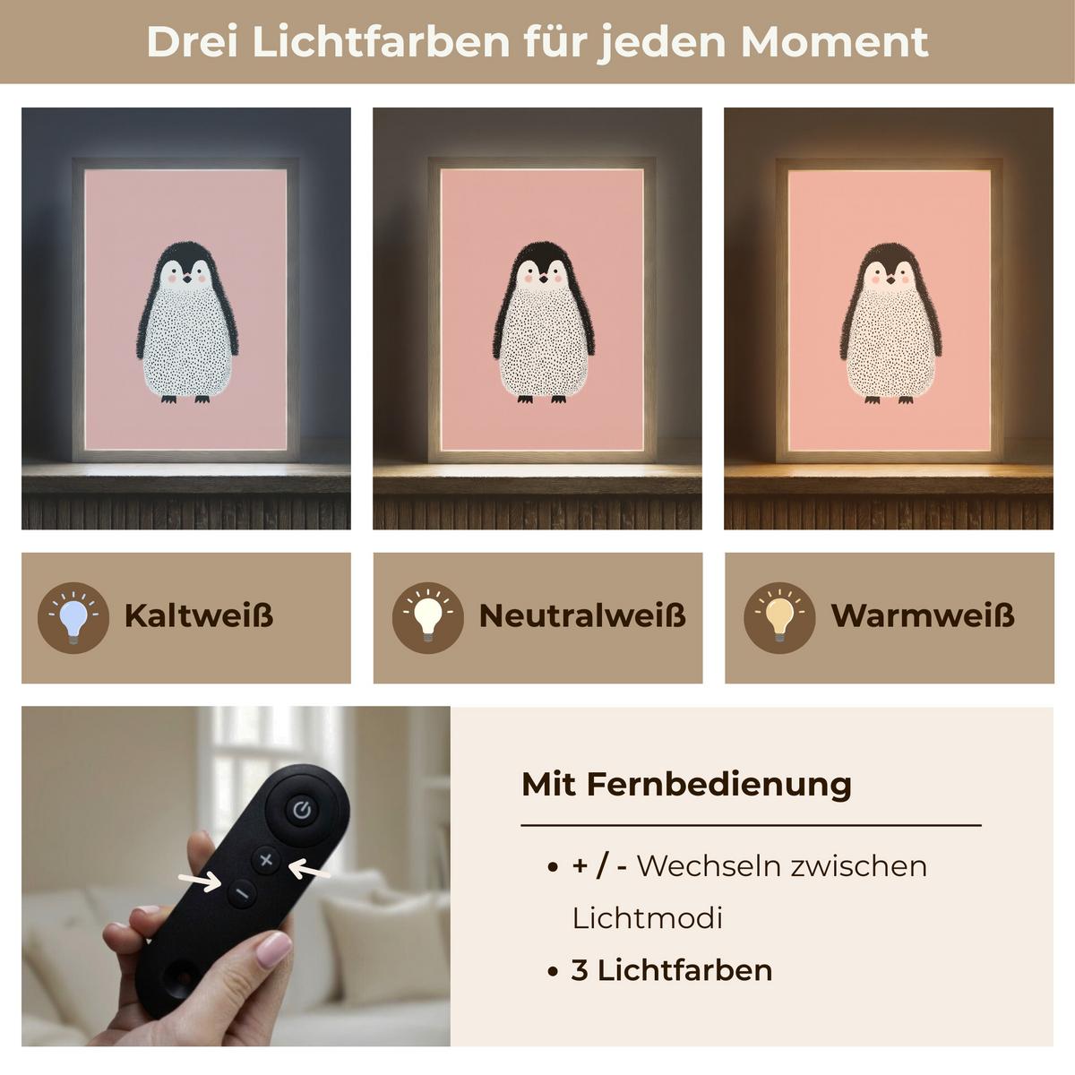 WANDLEUCHTE MIT AKKU Pinguin - Punkte - Minimalistisch - Rosa 30x40 cm - Rosa, Holzwerkstoff (30/40/8cm) - OnlyWow