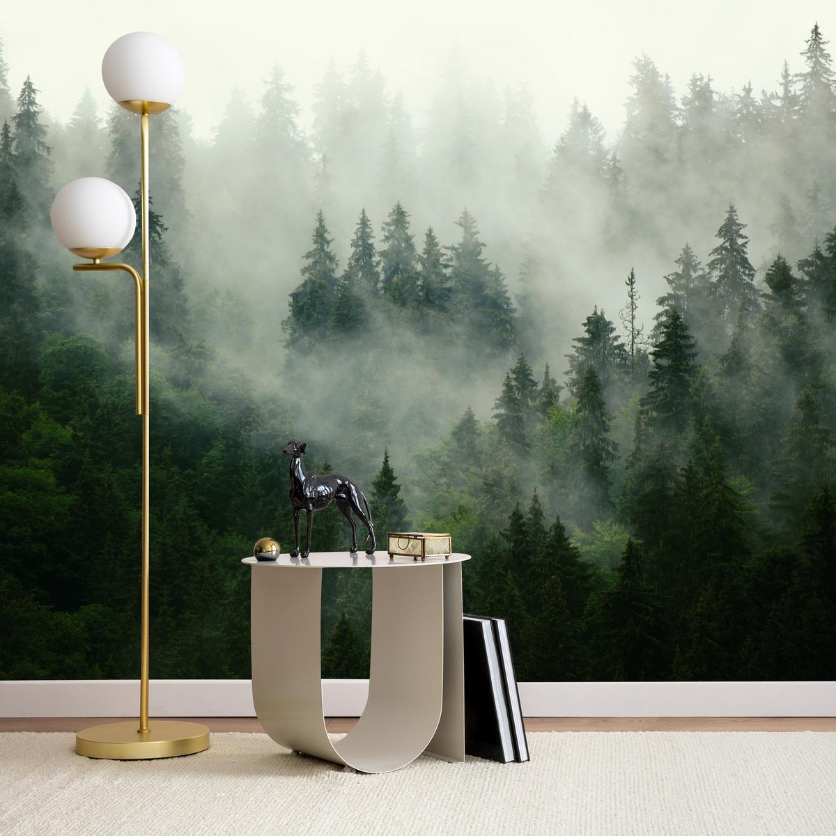 FOTOTAPETE Wald im Nebel Natur Landschaft 3D 200x140 - Grau/Grün, Papier (200/140cm) - Muralo