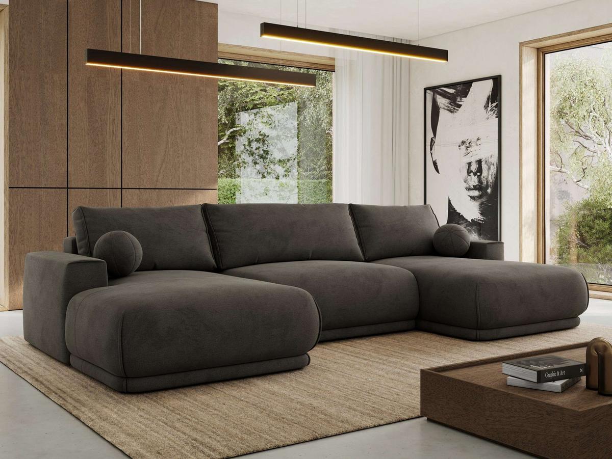 WOHNLANDSCHAFT RINA U Dunkelgrau Velvet - Dunkelgrau/Schwarz, Kunststoff/Textil (360/85/170cm) - MKS
