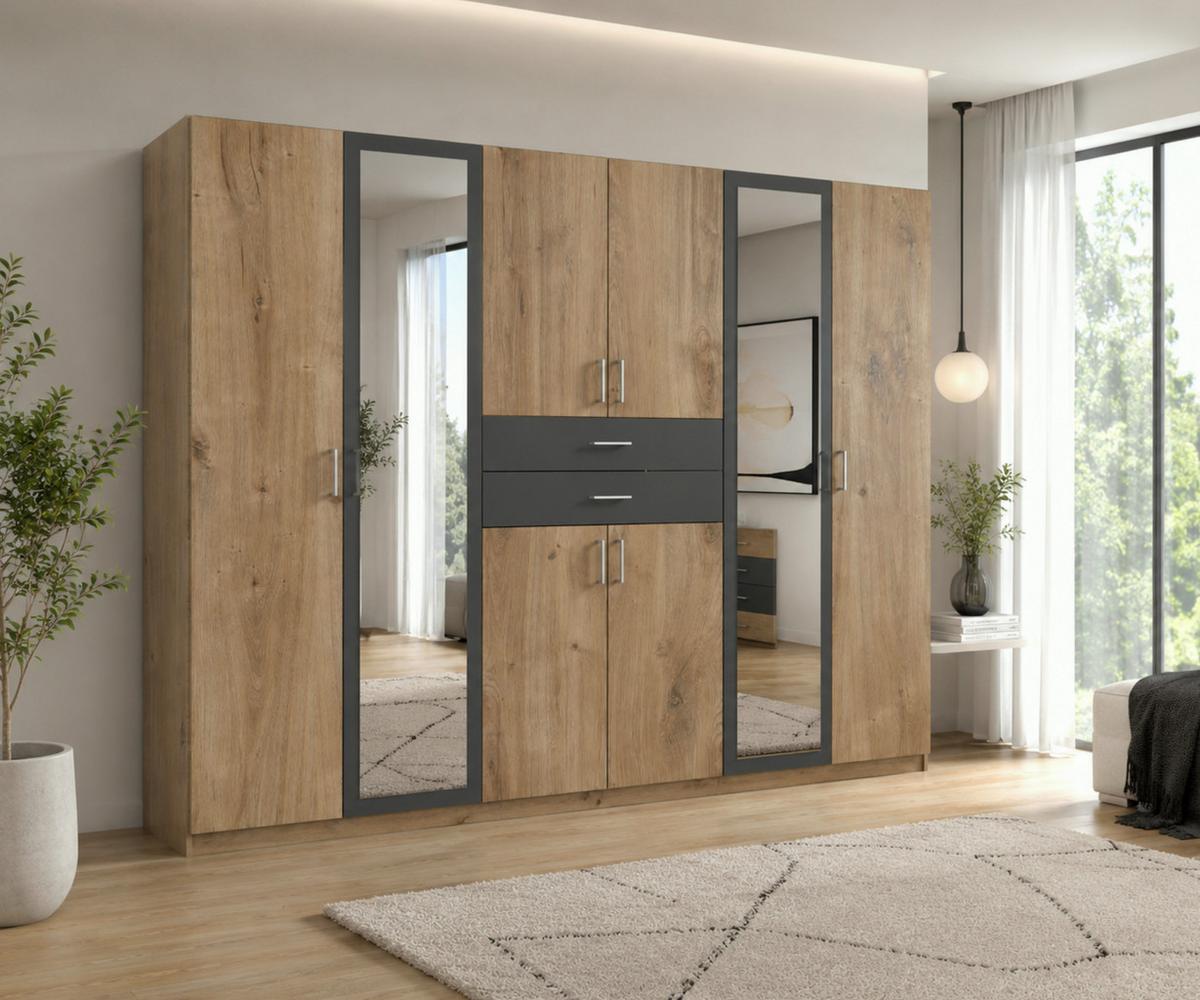 DREHTÜRENSCHRANK B270/H208/T58 cm, Eiche Dekor mit Absetzungen in Grafit, Kleiderschrank mit 2 Spiegeltüren & Schubkästen / 22596 - Eichefarben/Silberfarben, Holzwerkstoff/Kunststoff (270/208/58cm) - luma-home