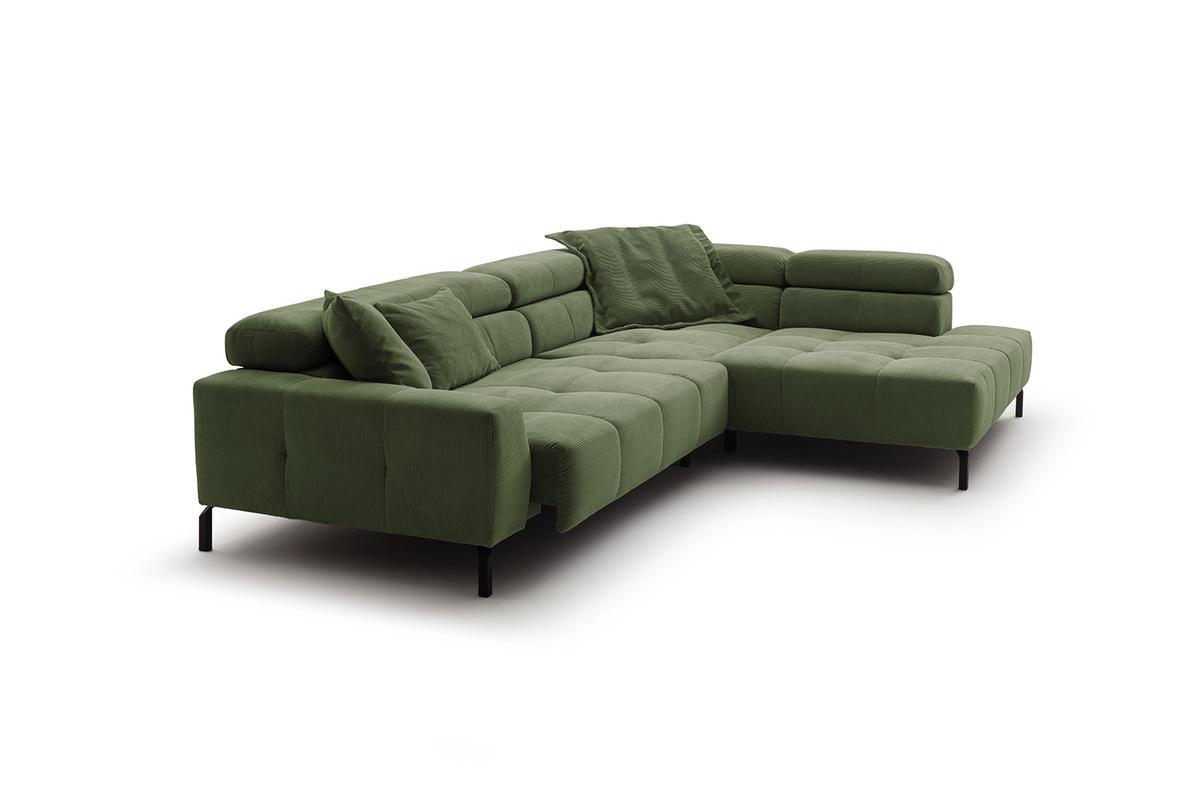 ECKSOFA MIT MOTORISCHEM SITZVORZUG OHIO Grün Cord Relaxfunktion - Schwarz/Olivgrün, Textil/Metall (311/219cm) - KAWOLA