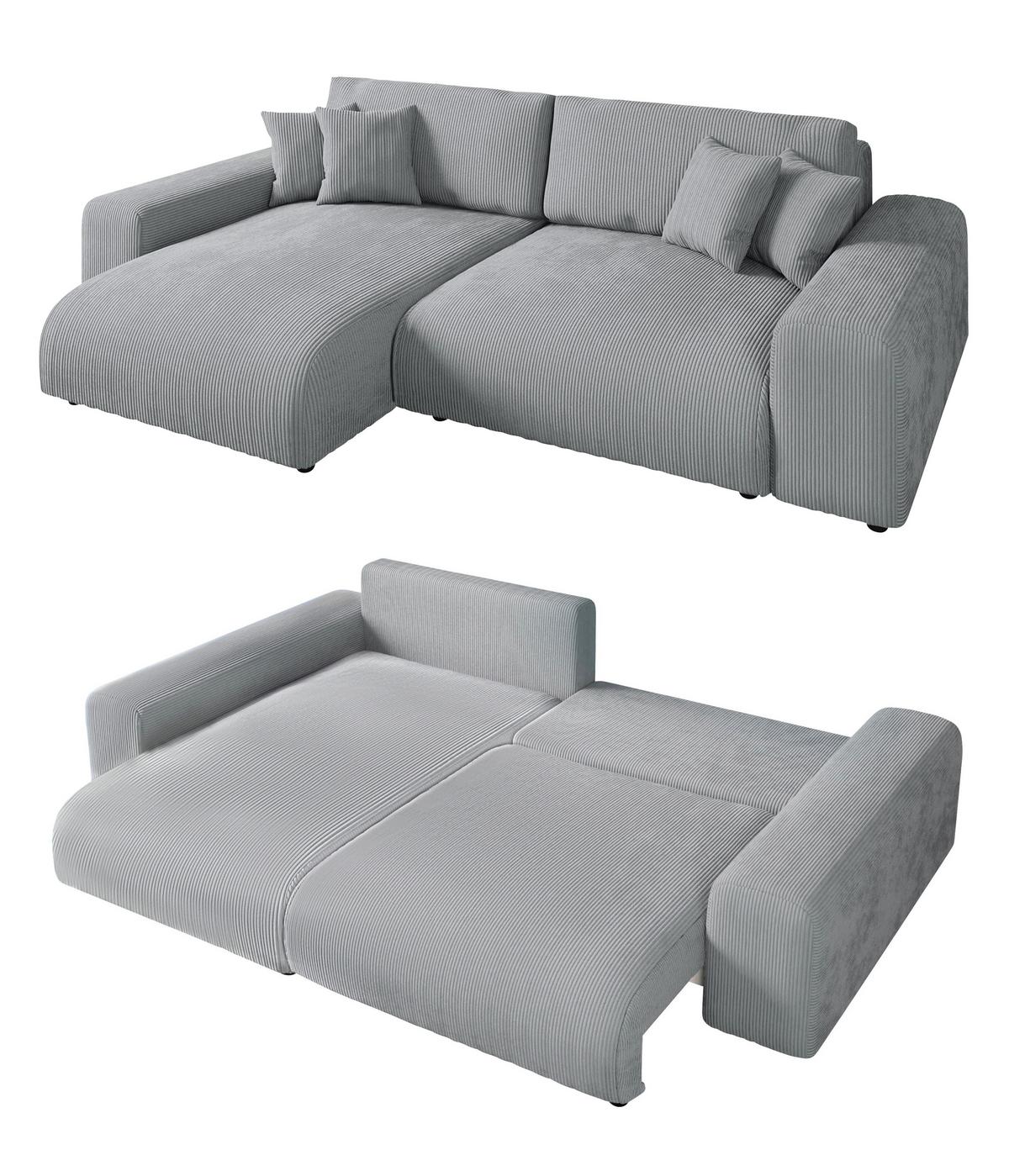 ECKSOFA mit Schlaffunktion, Bettkasten, Wellenunterfederung, seitenverkehrt montierbar B255/T165/H84 cm, Liegefl. 148x196 cm, Cord Hellgrau / 21007 - Hellgrau/Schwarz, Kunststoff/Textil (255/165cm) - luma-home