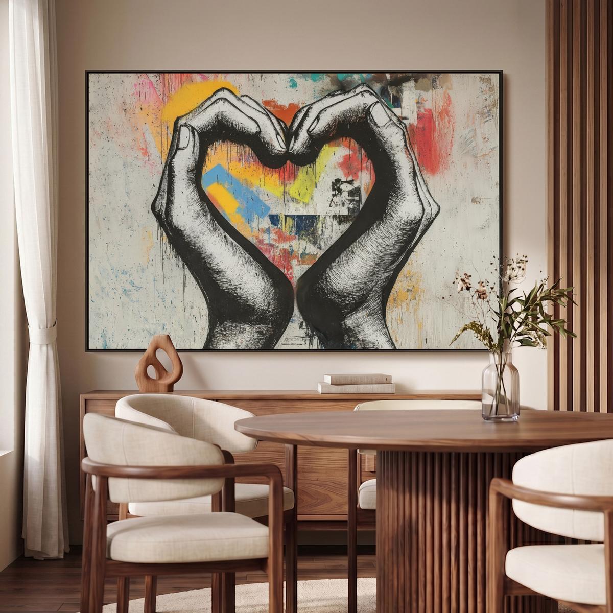 LEINWAND Bilder mit Rahmen - Hände - Herz - Straßenkunst - Graffiti - 120x80 - Multicolor, Textil (120/80cm) - MuchoWow