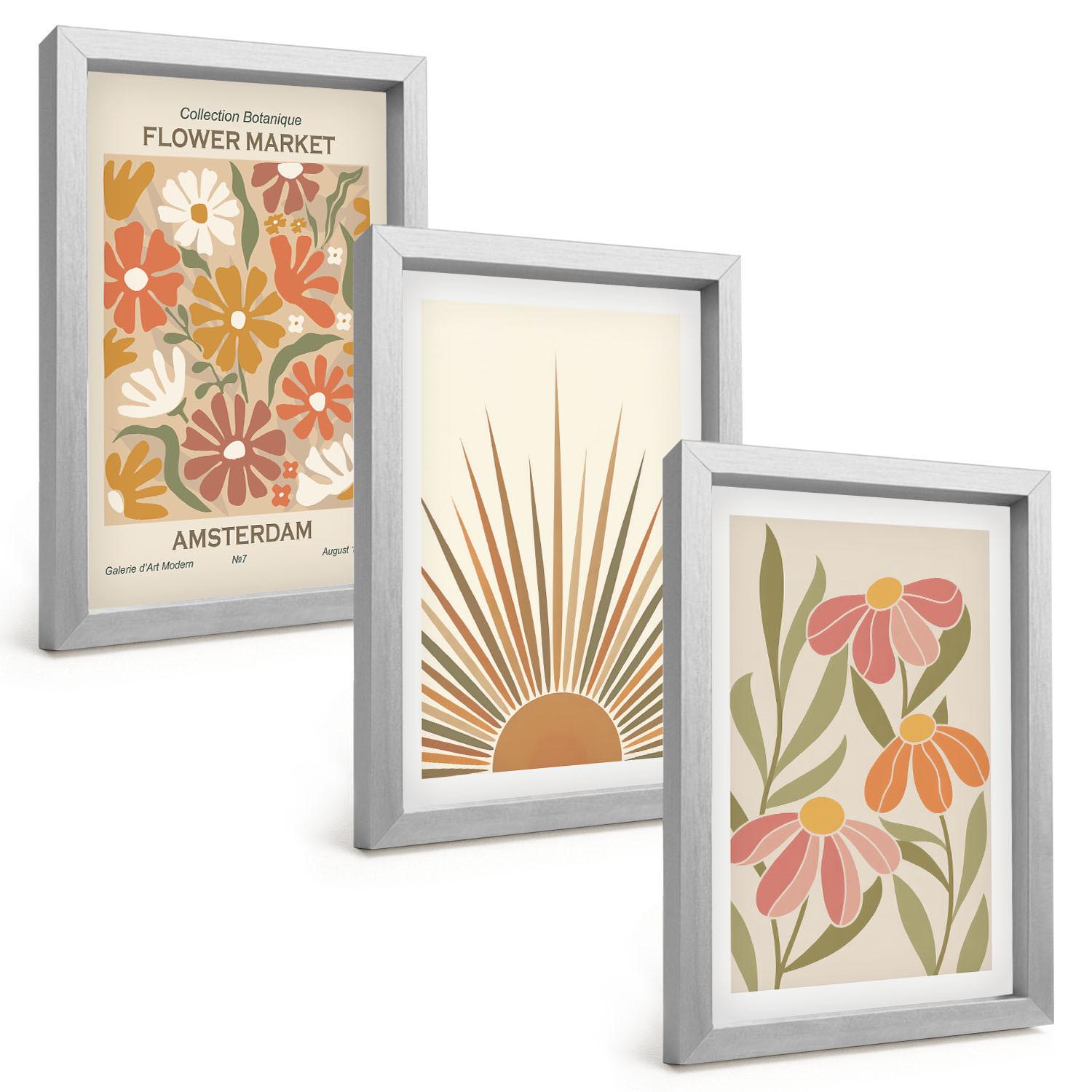 BILDER SET 3er Set - 20x30 cm Silberner Rahmen - Pastellfarbene Sonnenblumen - Silberfarben, Kunststoff (20/30cm) - TULUP
