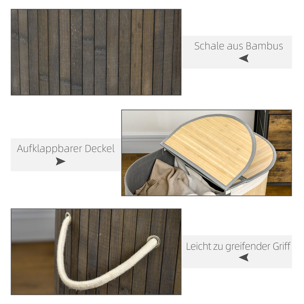 WÄSCHEKORB Bambus Grau Natur - Hellbraun, Naturmaterialien (37/60.5/62.5cm) - HOMCOM