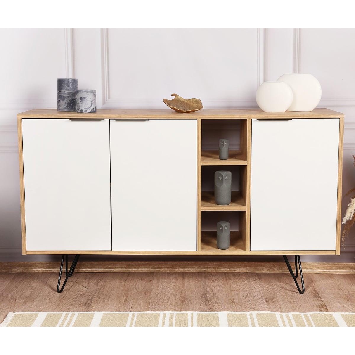 SIDEBOARD 3 Nischen und 3 Türen L142 cm - Clara - Eichefarben/Weiß, Holzwerkstoff (35.6/83/15cm) - Calicosy