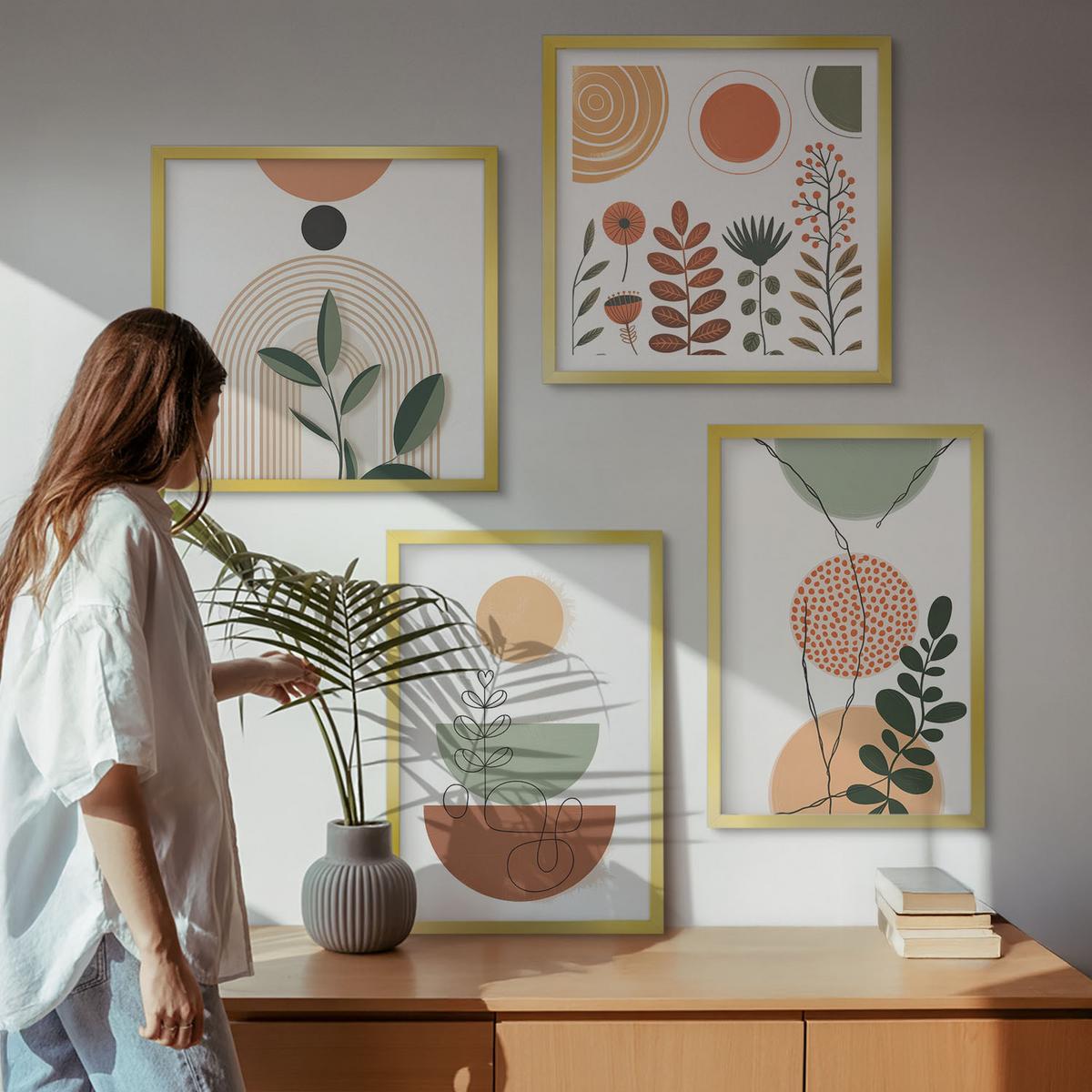 BILDER SET 4er Set - 50x50 cm & 40x60 cm Goldrahmen - Abstrakte Pflanzenformen - Goldfarben, Kunststoff (50/50cm) - TULUP