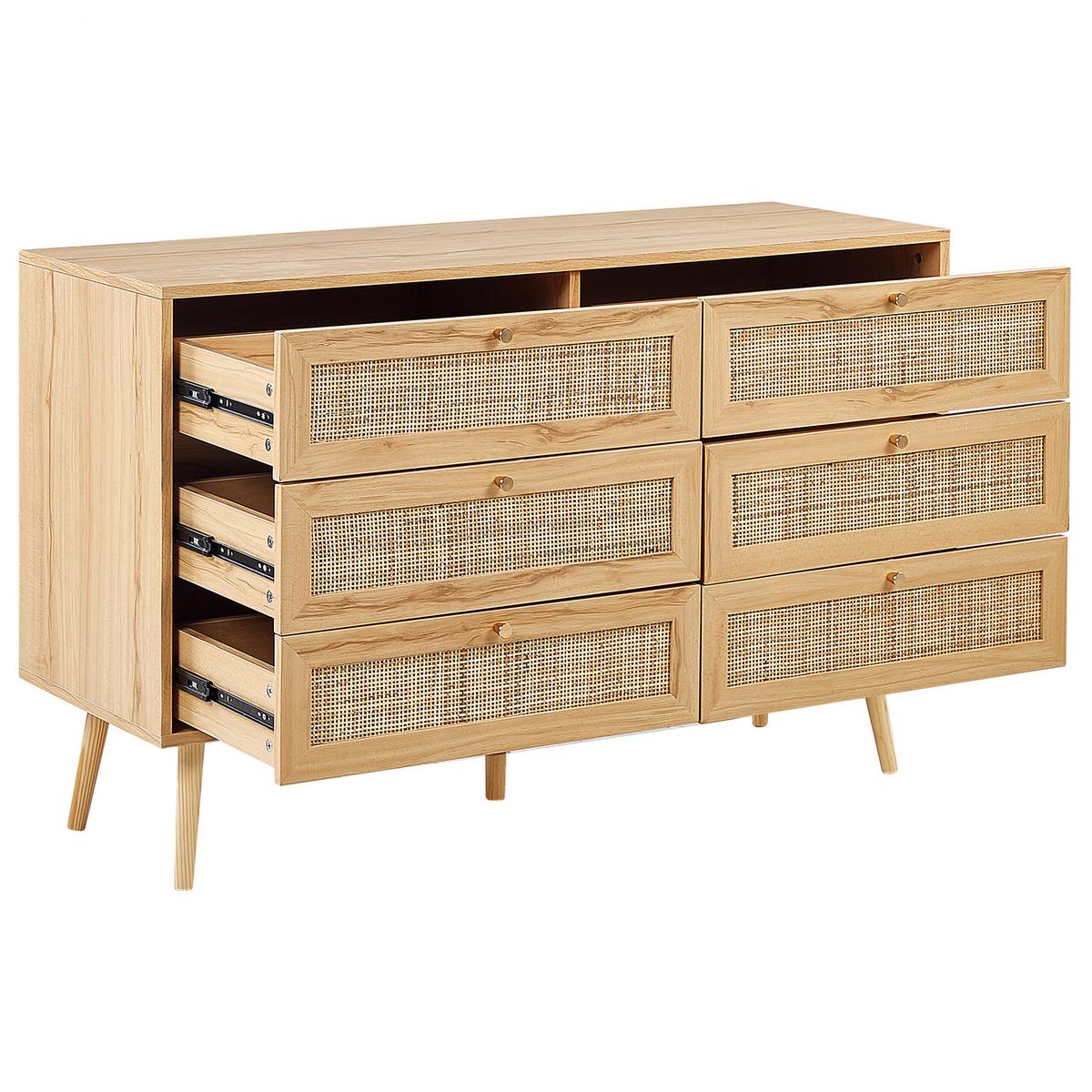 KOMMODE 6 Schubladen Rattan Helles Holz Perote - Hellbraun/Goldfarben, Naturmaterialien (120/75/42cm) - Beliani