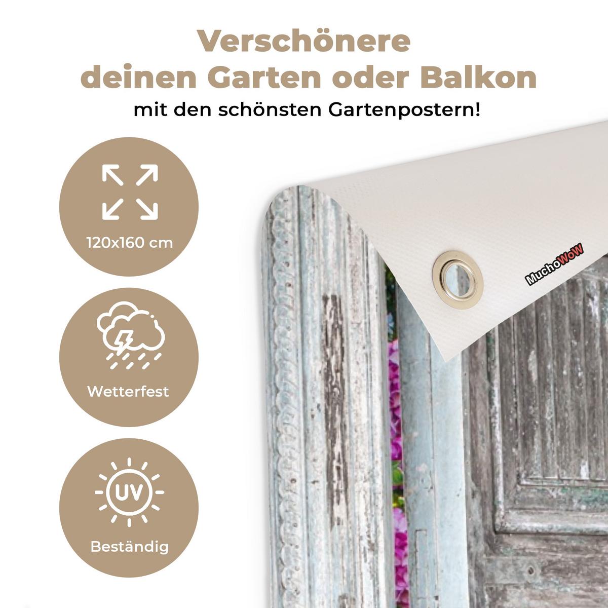 GARTENPOSTER Durchblick - Hortensie - Blumen Gartendekoration 120x160 cm - Hellgrau, Kunststoff (120/160/0.2cm) - OnlyWow