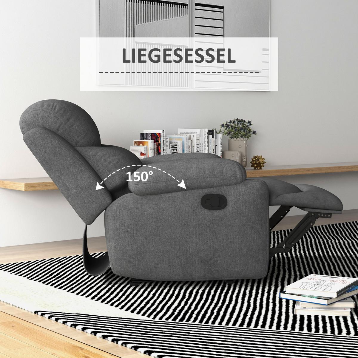 RELAXSESSEL, Fernsehsessel mit Liegefunktion, Liegesessel mit Leinenoptik, Grau - Schwarz/Grau, Textil/Metall (88/102/93cm) - HOMCOM