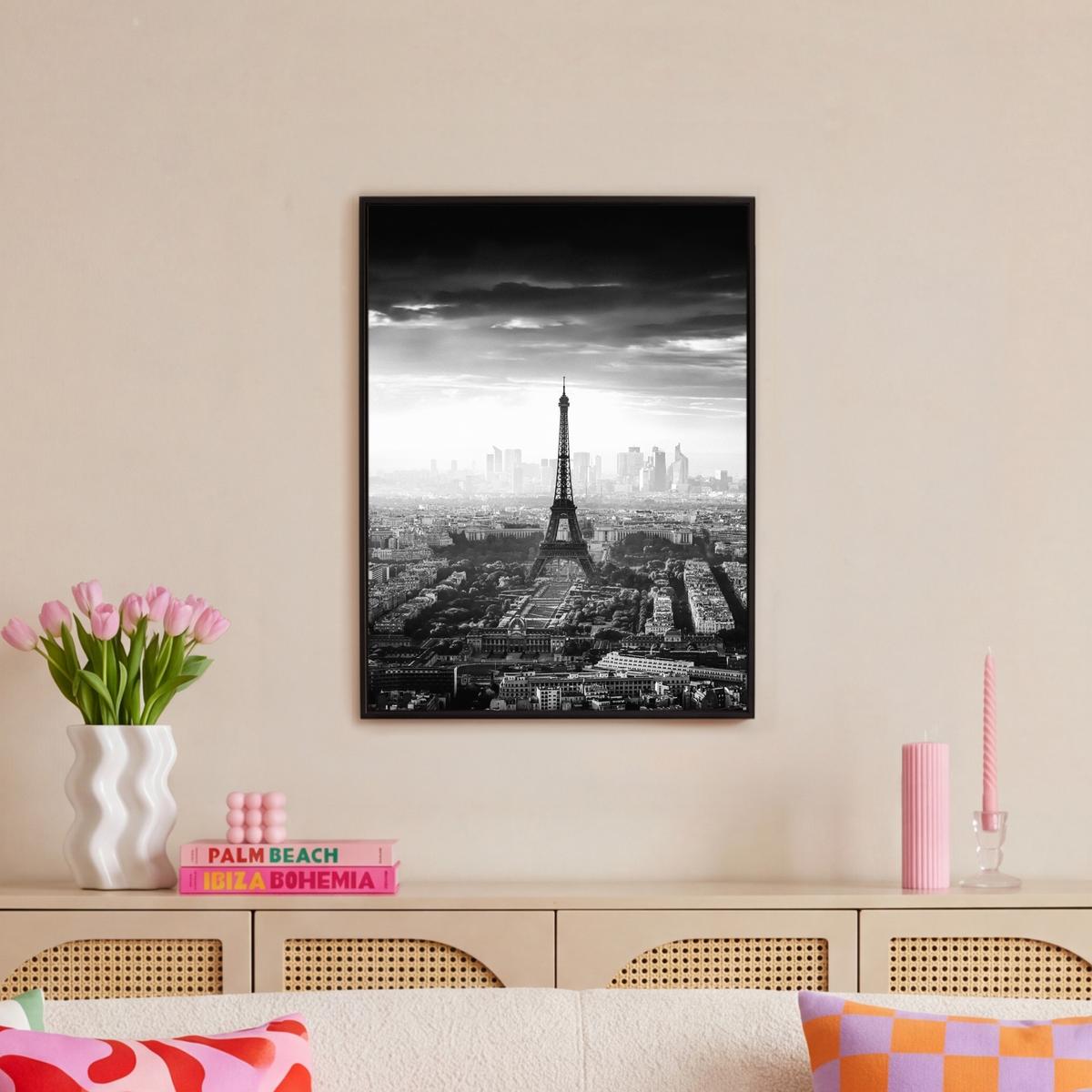 LEINWAND Bilder mit Rahmen - Paris - Skyline - Eiffelturm - Stadt - Wolken - 60x80 - Dunkelgrau, Textil (60/80cm) - MuchoWow