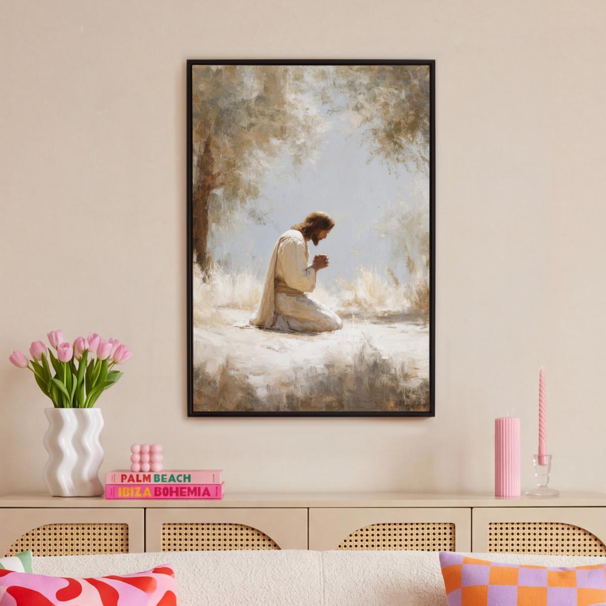 LEINWAND Bilder mit Rahmen - Jesus - Kniend - Waldlandschaft - Betend - 60x90 - Beige, Textil (60/90cm) - MuchoWow