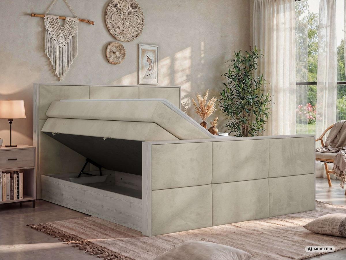 BOXSPRINGBETT DELNOR KING DUO 200/200 - Beige Velvet - Topper Visco - H3 - Beige/Schwarz, Kunststoff/Textil (200/200cm) - MKS