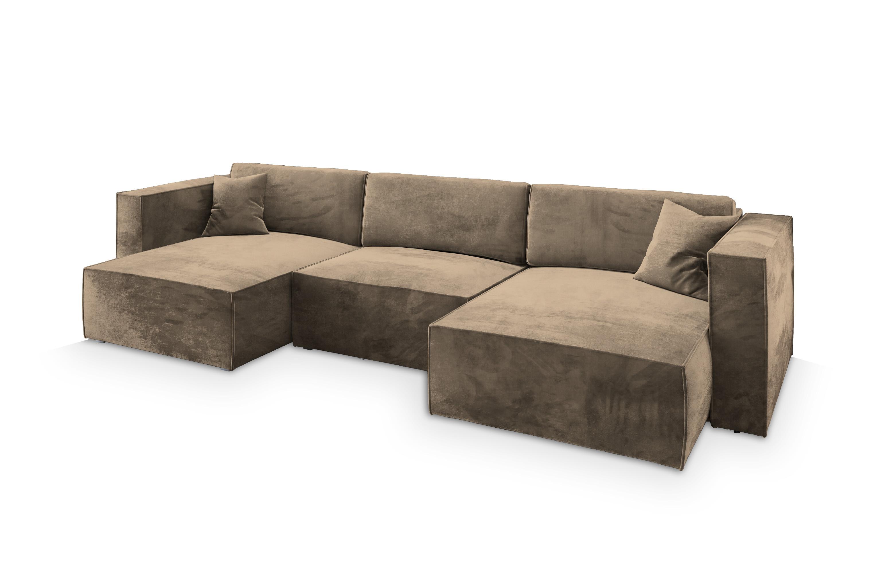 WOHNLANDSCHAFT SARMO M Beige Velours-Stoff mit Schlaffunktion - Beige/Grau, Holz/Kunststoff (347/70/148cm) - MASSENO