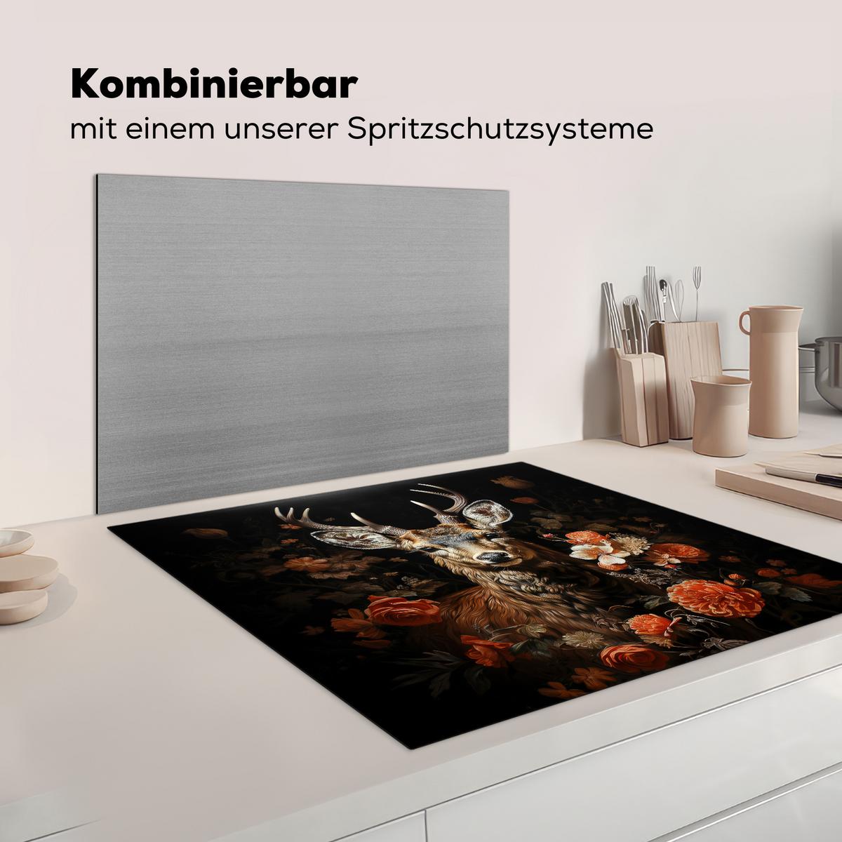 HERDABDECKPLATTE Hirsch - Tier - Blumen - Natur - Botanisch Induktionsmatte 78x78 cm - Kupferfarben, Kunststoff (78/78/0.2cm) - MuchoWow