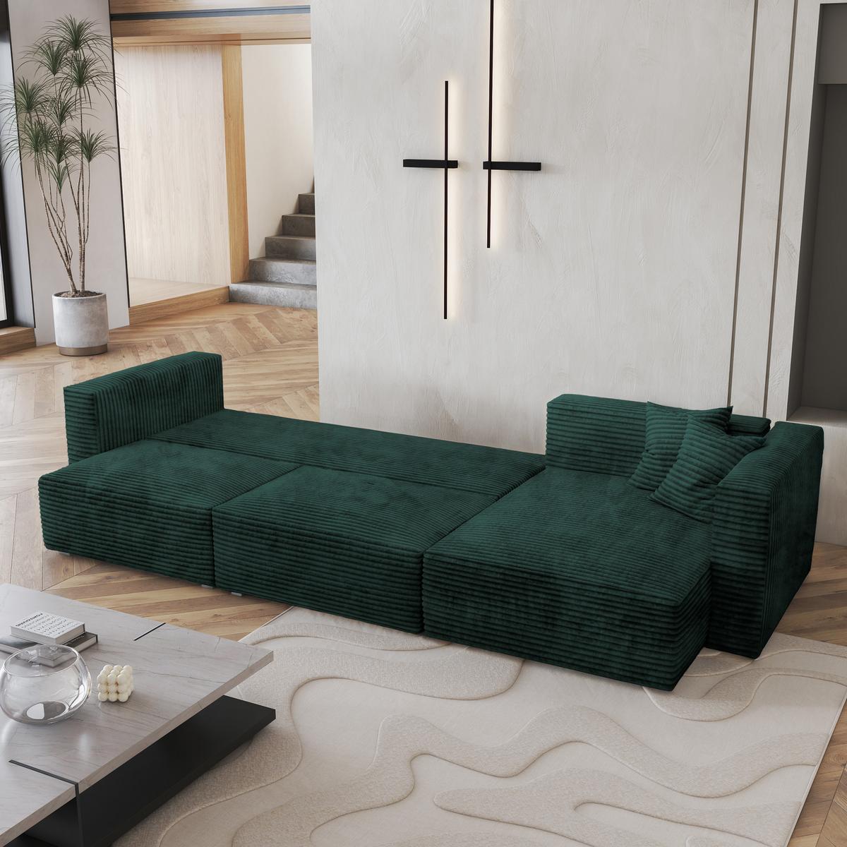ECKSOFA TOLMO Grün Kordstoff mit Schlaffunktion - Grau/Grün, Holz/Kunststoff (347/148cm) - MASSENO