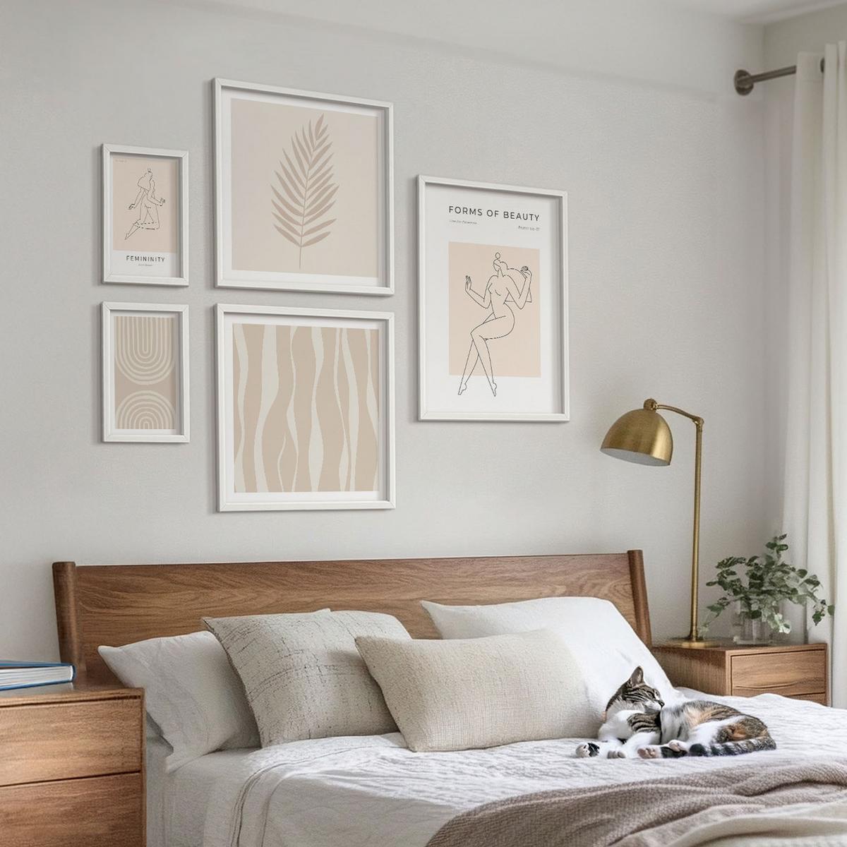 BILDER SET 5er Set - 50x50 cm & 20x30 cm & 40x60 cm Weißer Rahmen - Abstrakte Boho-Dekorationen - Weiß, Kunststoff (40/60cm) - TULUP