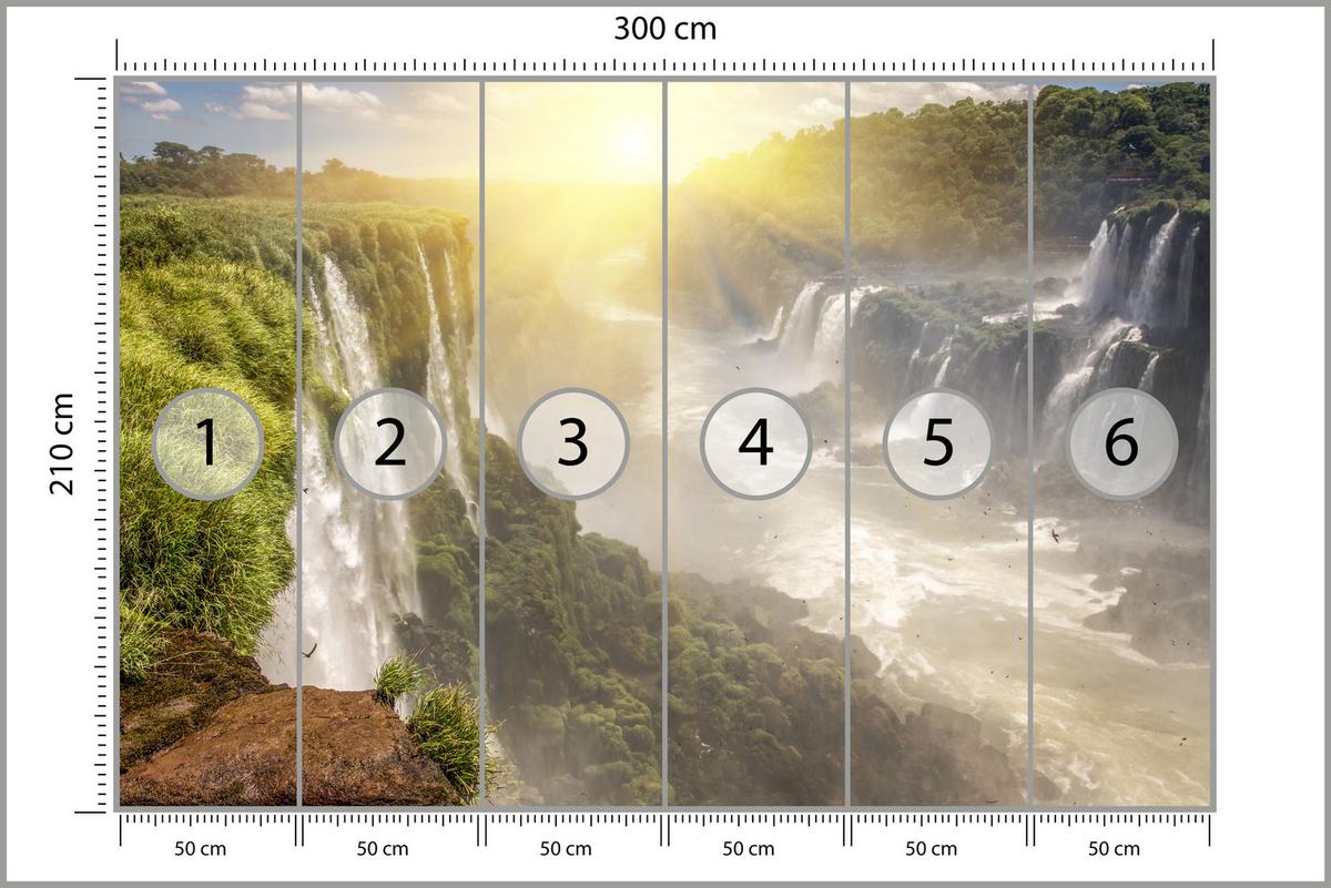 FOTOTAPETE für Wohnzimmer Wasserfall Sonnenaufgang Pflanzen 300x210 - Gelb/Beige, Papier (300/210cm) - Muralo