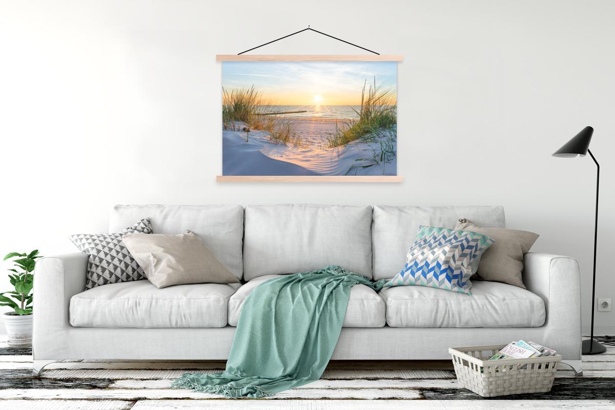 POSTER MIT MAGNETLEISTEN Strand - Sonne - Düne - Gras - Sand - Horizont Magnetleiste 120x80 cm - Hellblau, Textil (120/80/0.15cm) - MuchoWow