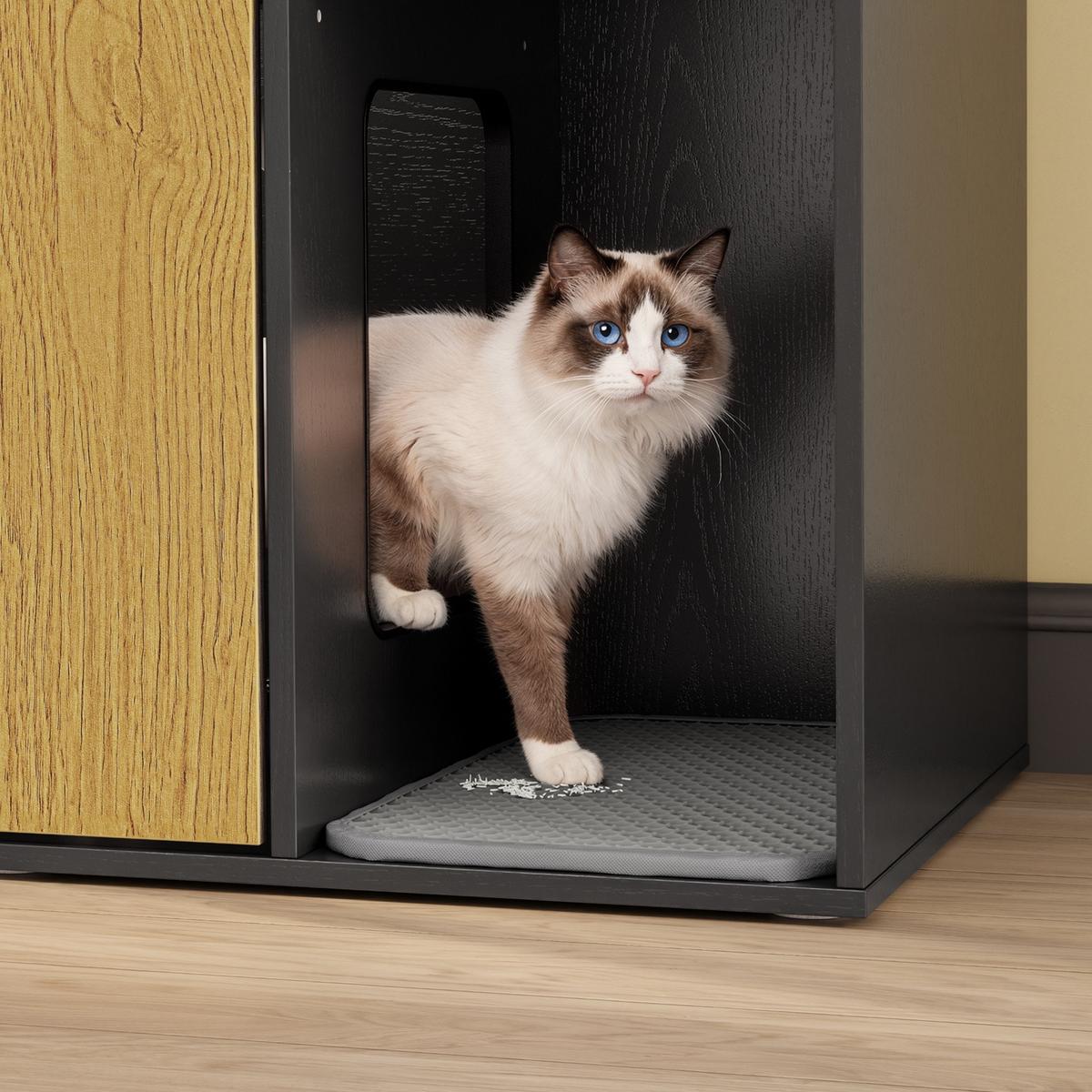 KATZENKLO-SCHRANK mit Aufbewahrung und integrierter Katzentoilette HAT08-E-SCH - Ahornfarben/Schwarz, Kunststoff/Fell (45/75/85cm) - SoBuy