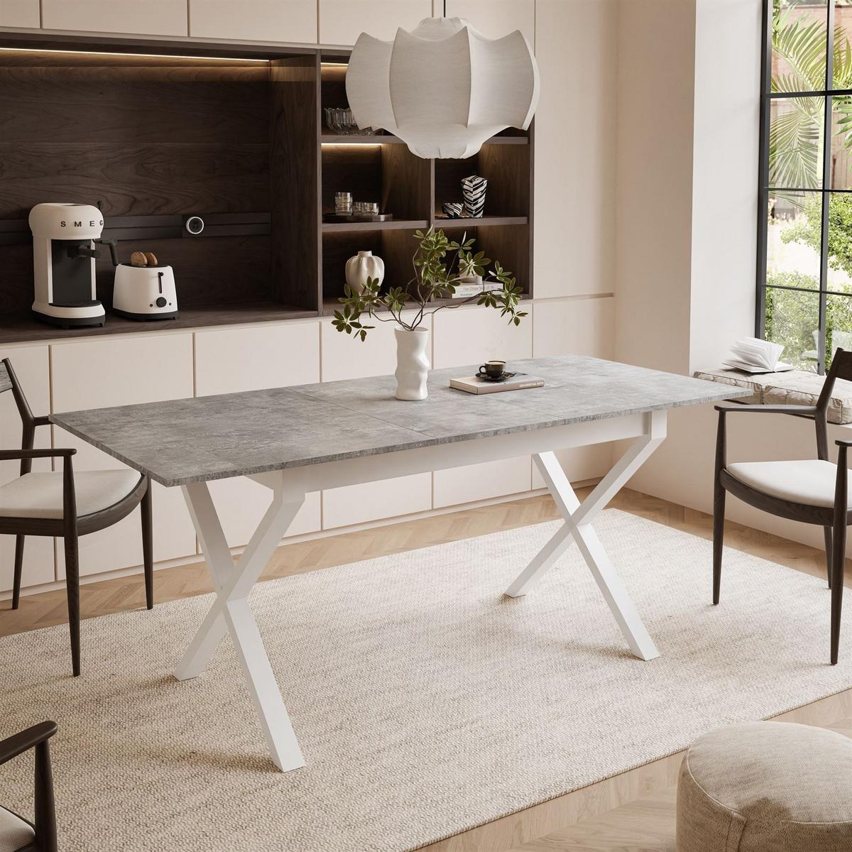 ESSTISCH ARTON II ausziehbarer Tisch 140-195 cm für 6-8 Personen - Weiß/Grau, Holzwerkstoff/Metall (140/80/77cm) - Lookway