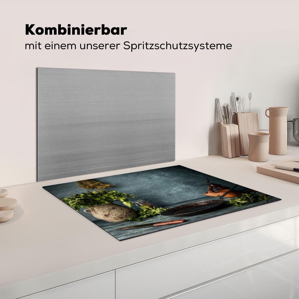 HERDABDECKPLATTE Kräuter - Gewürze - Pfanne - Messer - Grau - Rustikal Herdabdeckung Induktionsfeld 70x52 cm - Petrol, Kunststoff (70/52/0.2cm) - MuchoWow