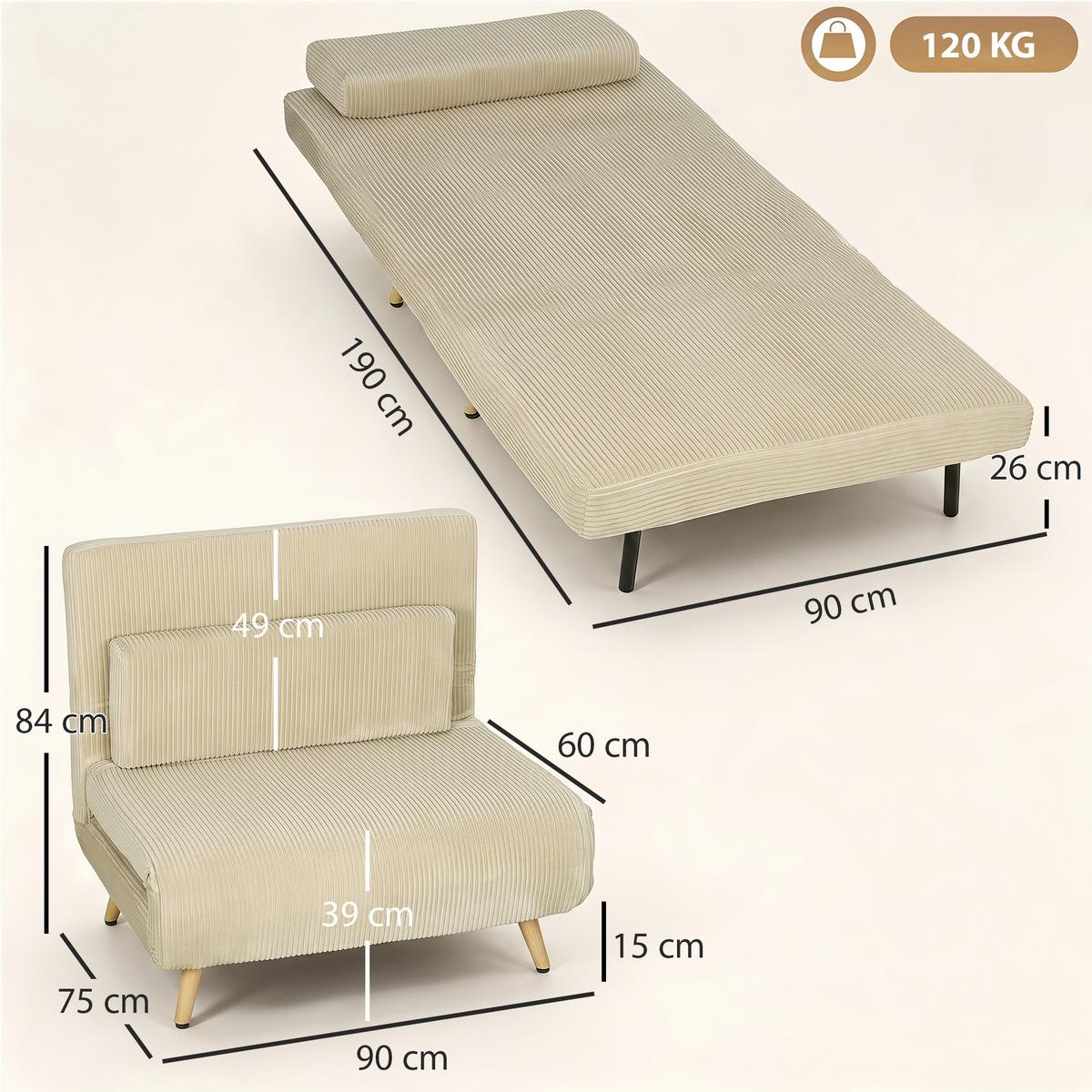 SCHLAFSESSEL Polyester Beige - Beige/Braun, Textil/Metall (75/84/90cm) - HOMCOM