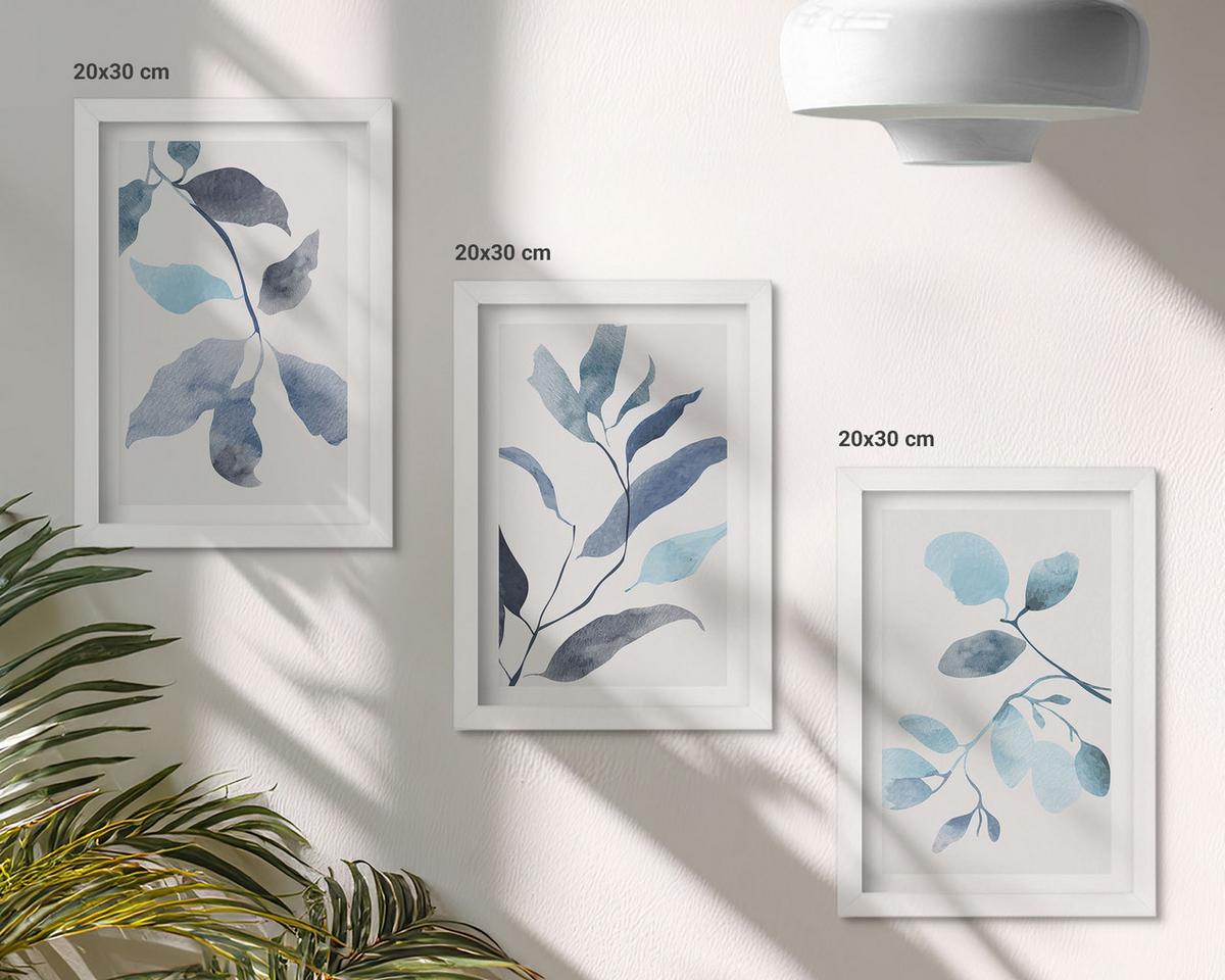 BILDER SET 3er Set - 20x30 cm Weißer Rahmen - Aquarell von blauen Blättern - Weiß, Kunststoff (20/30cm) - TULUP