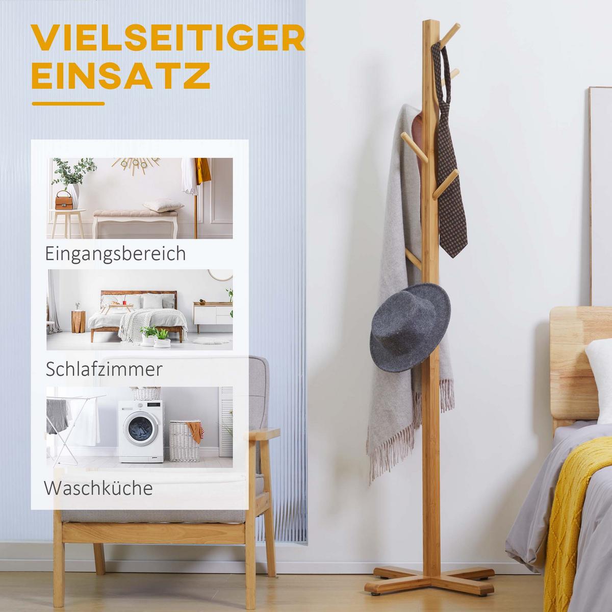 GARDEROBENSTÄNDER aus Bambus, Kleiderständer mit 8 Haken, Jackenständer für Flur - Naturfarben, Naturmaterialien (49.5/178/49.5cm) - HOMCOM