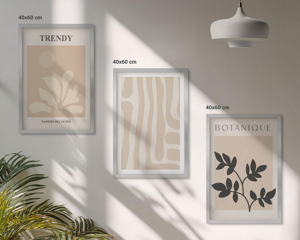 BILDER SET 3er Set - 40x60 cm Silberner Rahmen - Stilvolle Pflanzenmuster in Beige und Schwarz - Silberfarben, Kunststoff (40/60cm) - TULUP